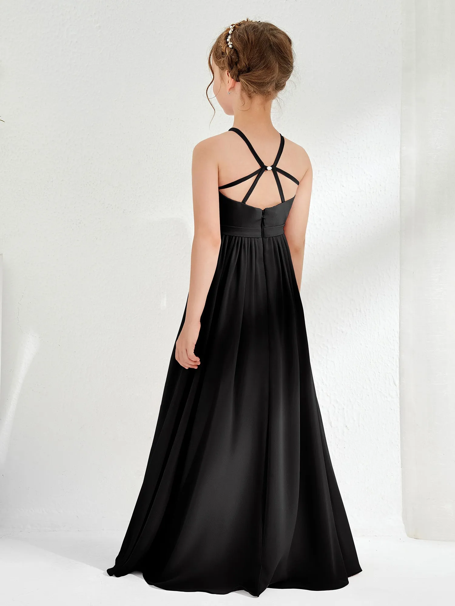 A-line Sleeveless Chiffon Long Junior Bridesmaid Dress Black