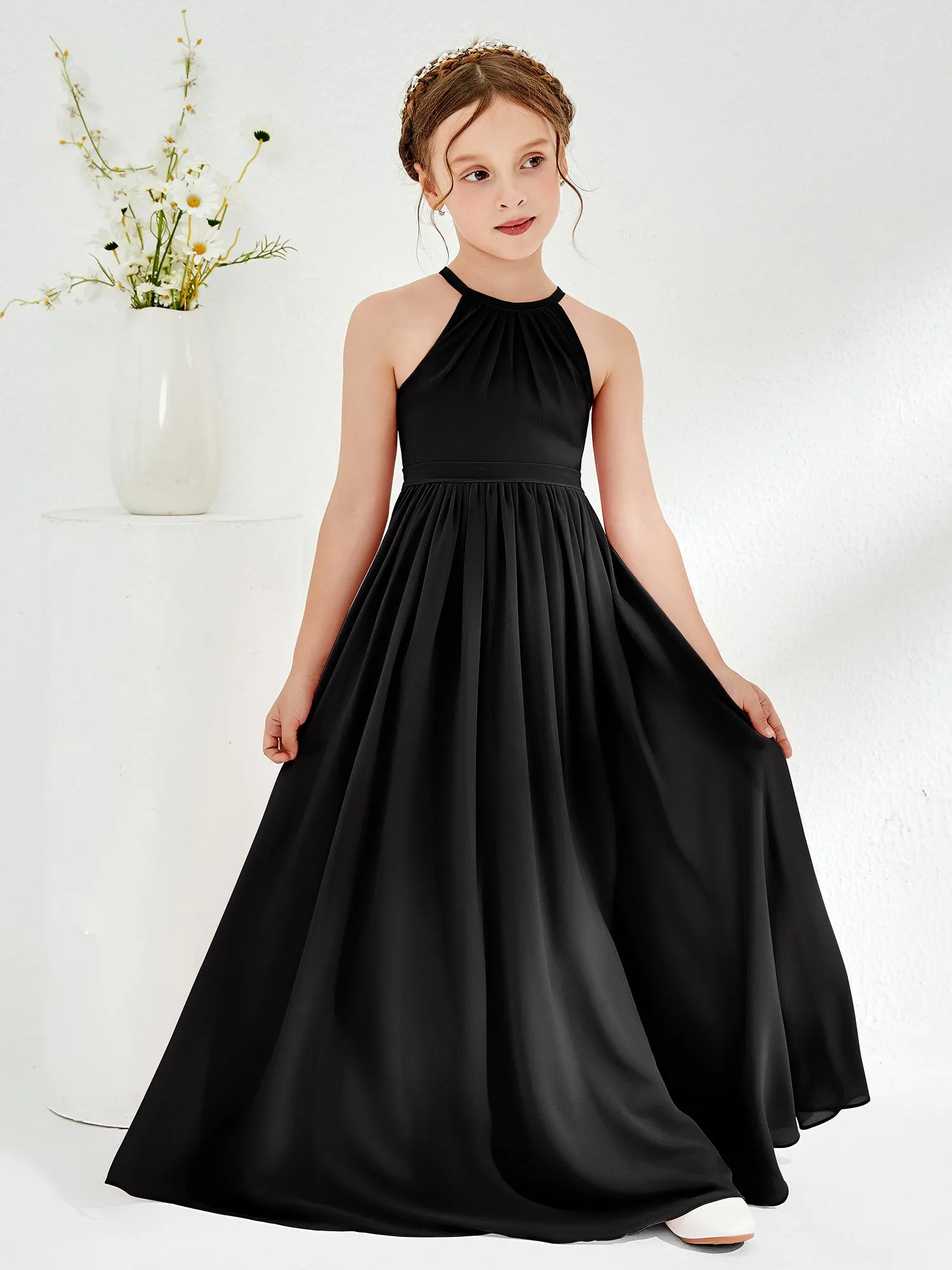 A-line Sleeveless Chiffon Long Junior Bridesmaid Dress Black