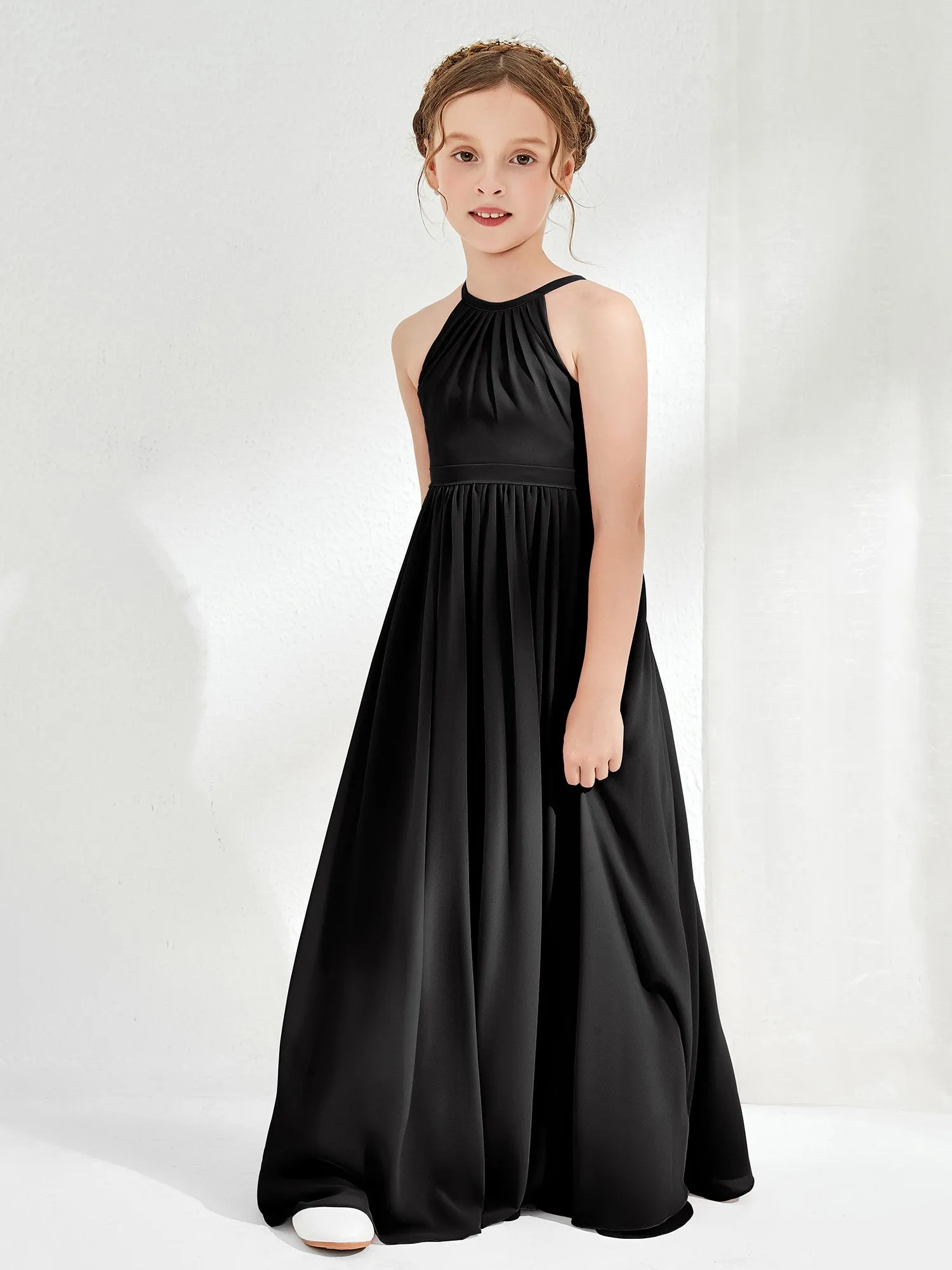 A-line Sleeveless Chiffon Long Junior Bridesmaid Dress Black