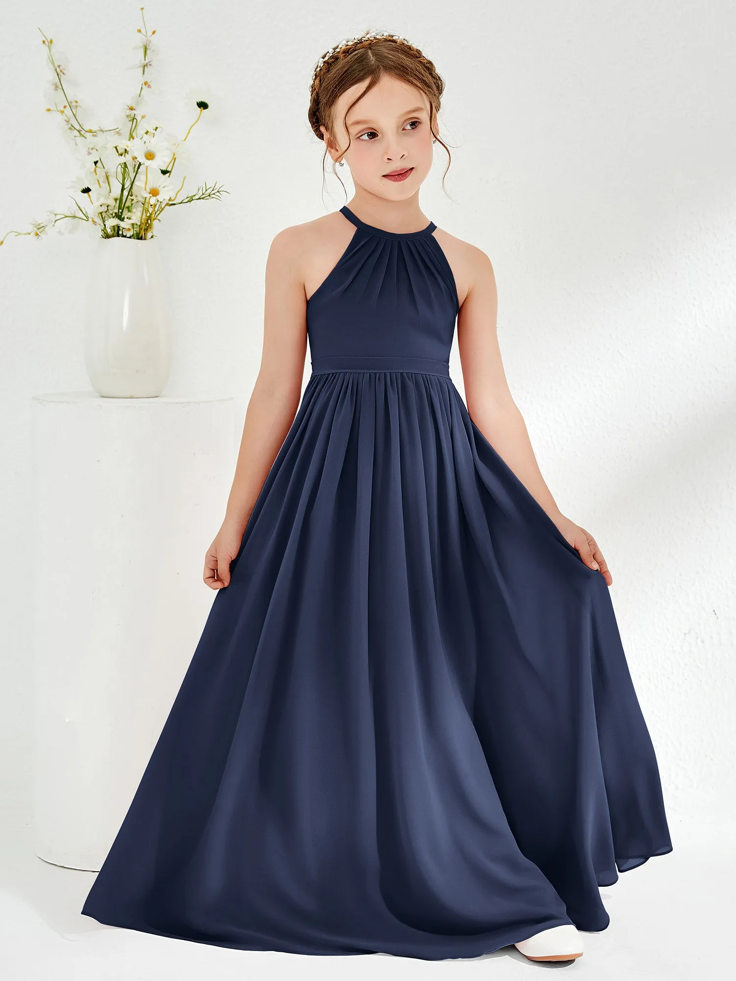 A-line Sleeveless Chiffon Long Junior Bridesmaid Dress Dark Navy