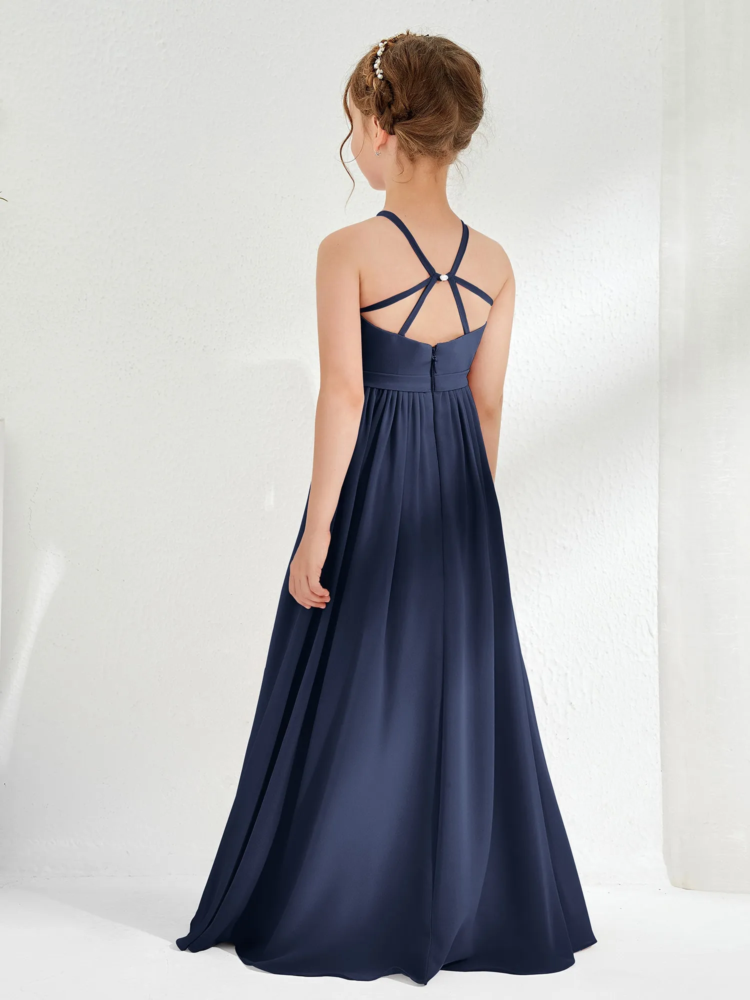 A-line Sleeveless Chiffon Long Junior Bridesmaid Dress Dark Navy