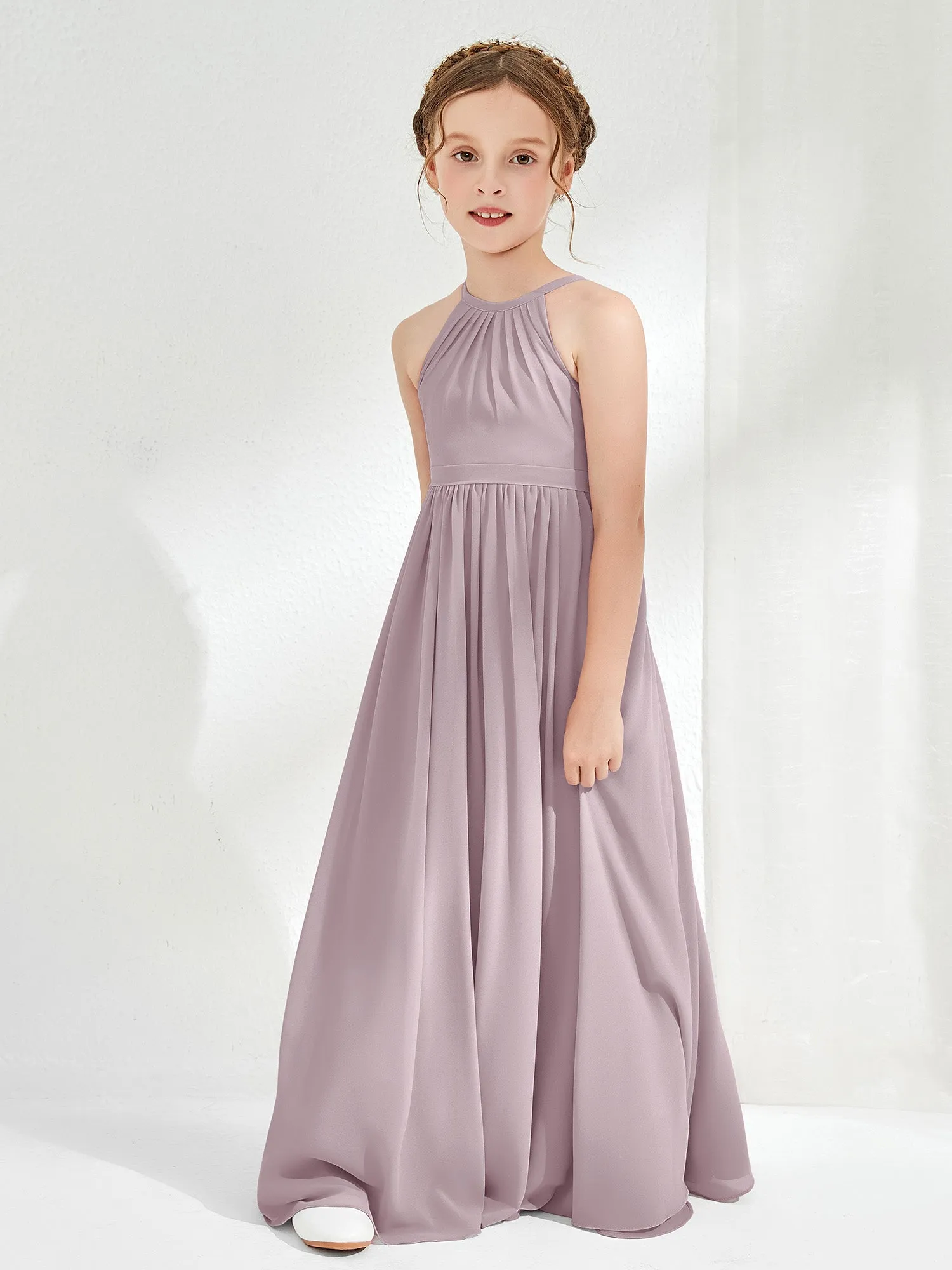 A-line Sleeveless Chiffon Long Junior Bridesmaid Dress Dusk