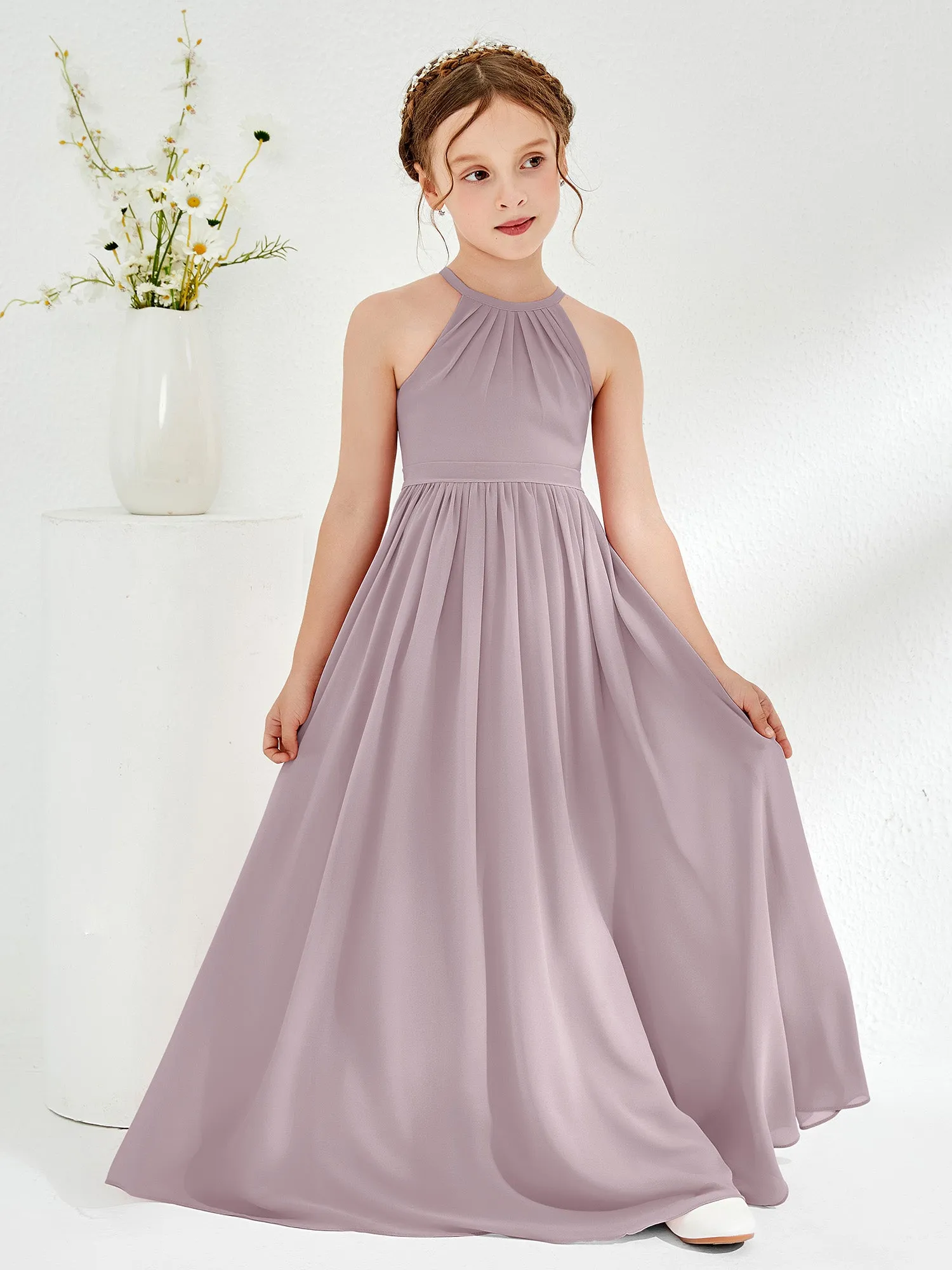 A-line Sleeveless Chiffon Long Junior Bridesmaid Dress Dusk