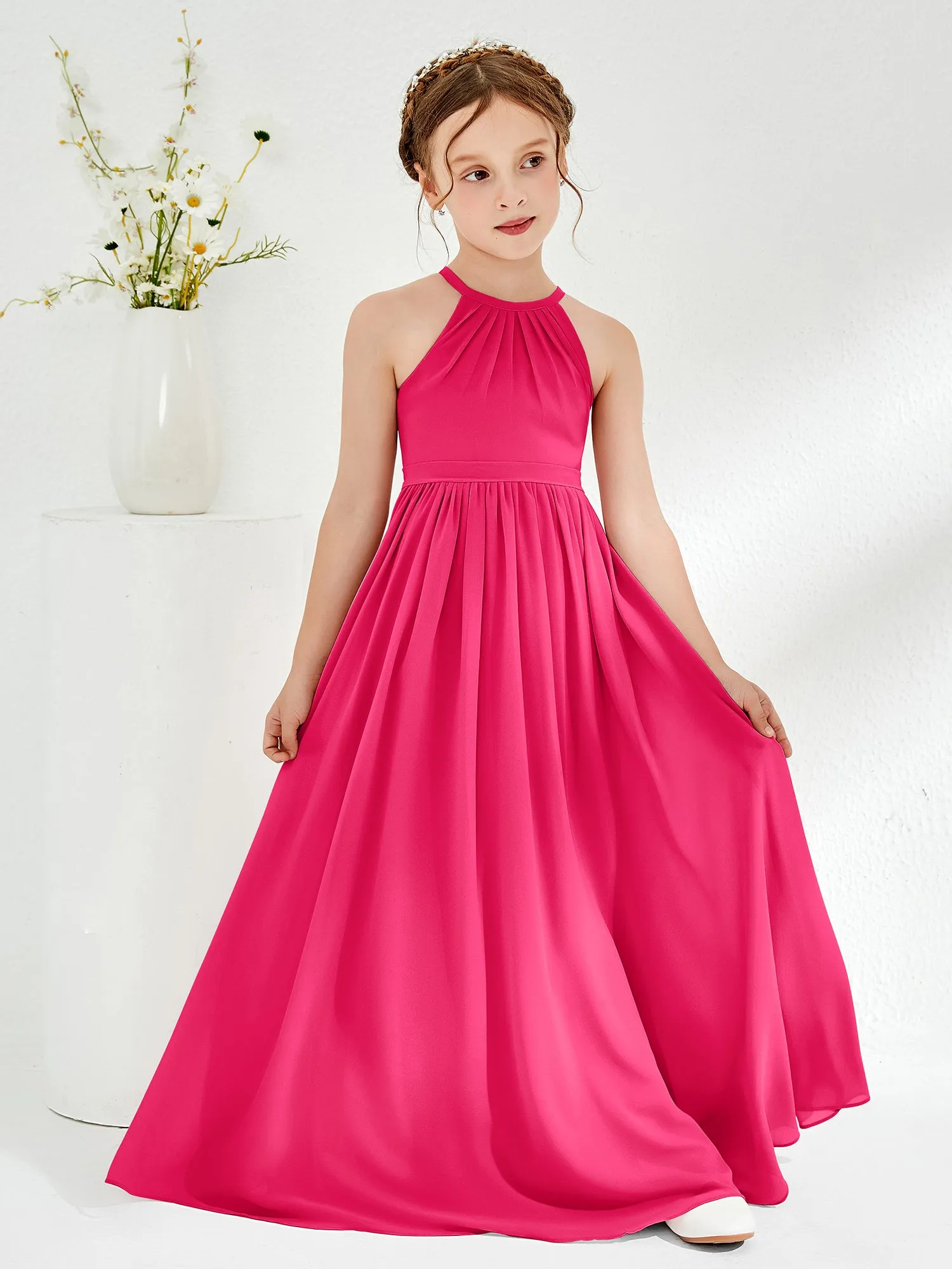 A-line Sleeveless Chiffon Long Junior Bridesmaid Dress Fuchsia