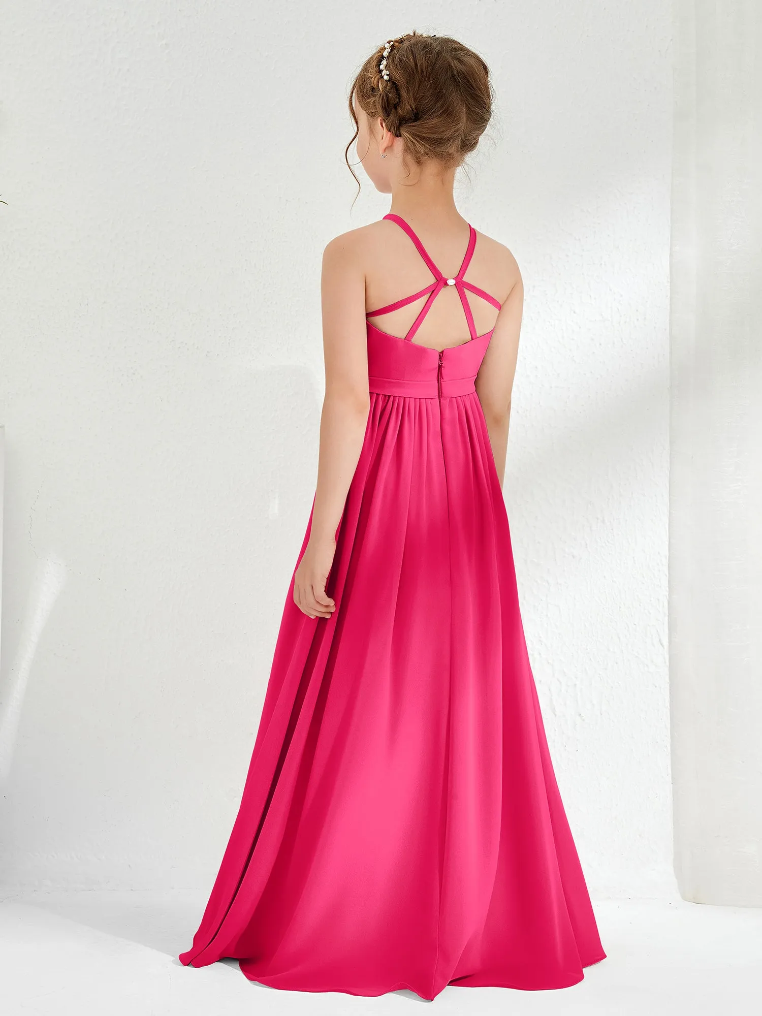 A-line Sleeveless Chiffon Long Junior Bridesmaid Dress Fuchsia