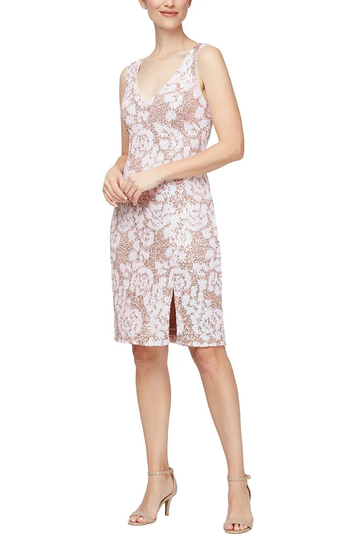 Alex Evenings Short Sleeveless V-Neck Sheath Dress With Front Slit