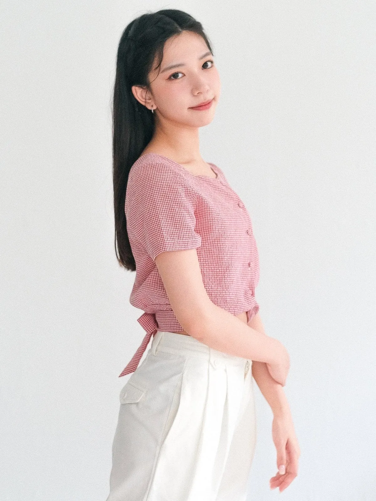 Alise 方領綁帶格紋上衣*