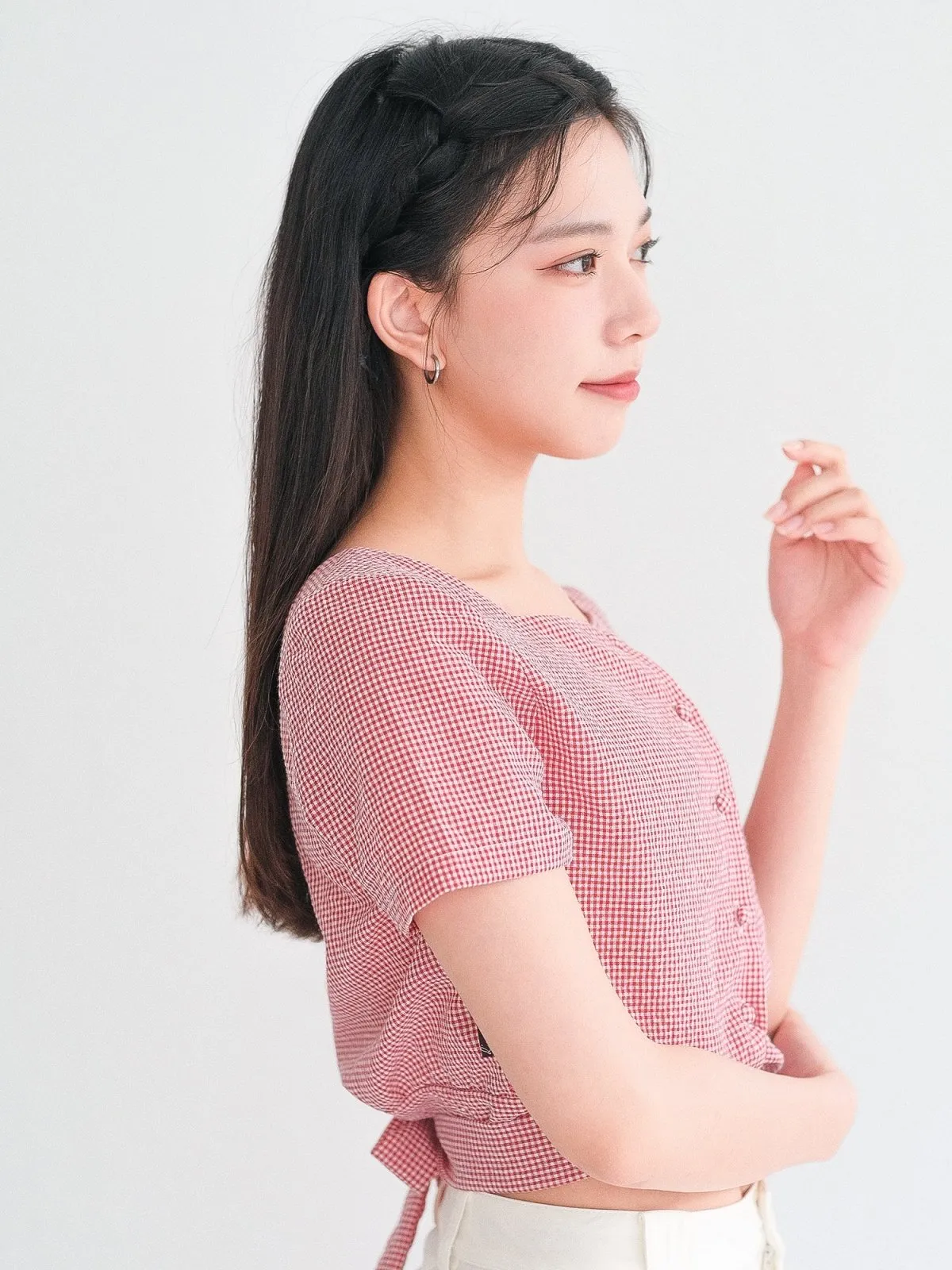 Alise 方領綁帶格紋上衣*