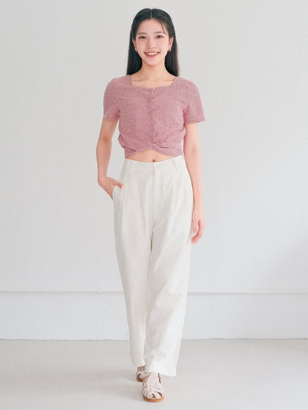 Alise 方領綁帶格紋上衣*