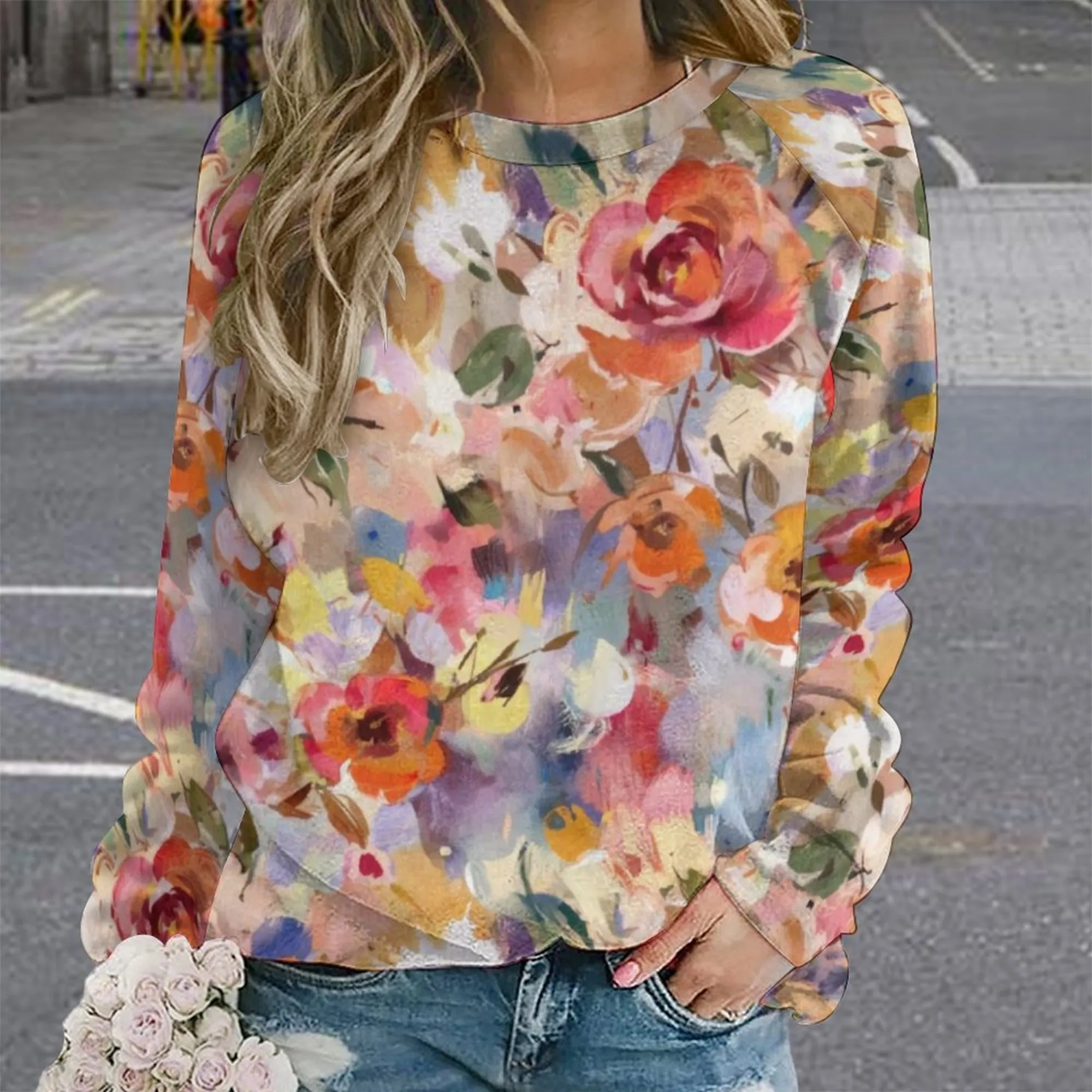 Autumn Floral | Women's Raglan Crewneck Sweatshirt | Cozy Autumn & Winter Crewneck