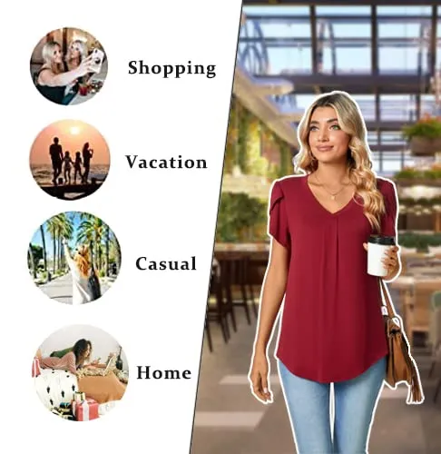 Bestbee Women's Short Sleeve Tops V Neck Petal Sleeve Shirts 2024 Cute Summer Casual T-Shirts Loose Fit Blouses, L, Black