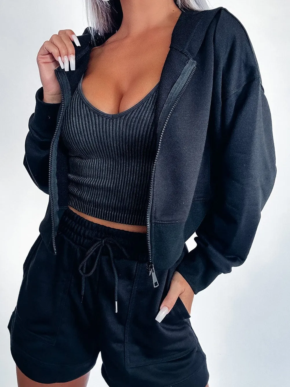 Carbon Grey Ribbed V-Neck Crop Top with Mineral Wash