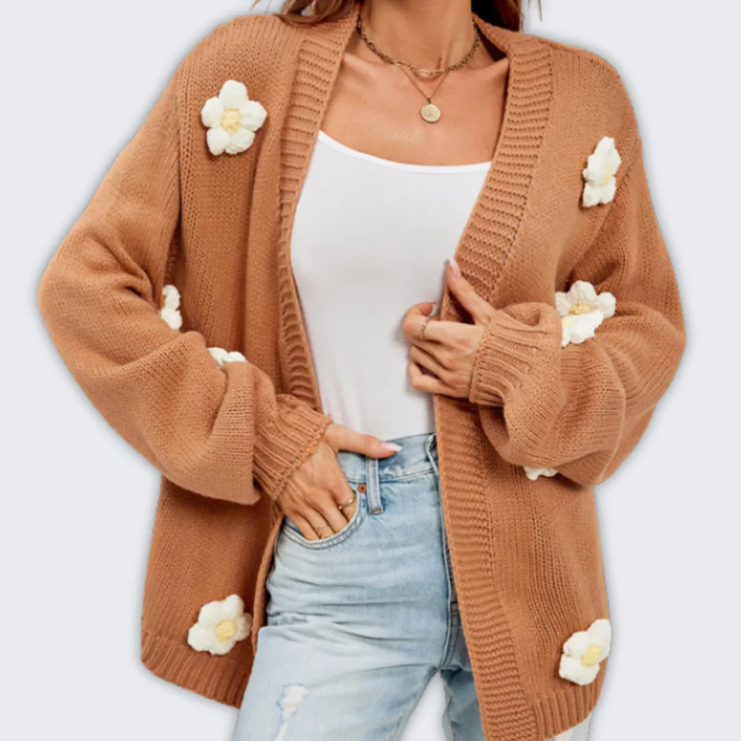 Cozy 3D Floral Open Front Cardigan for Winter Elegance