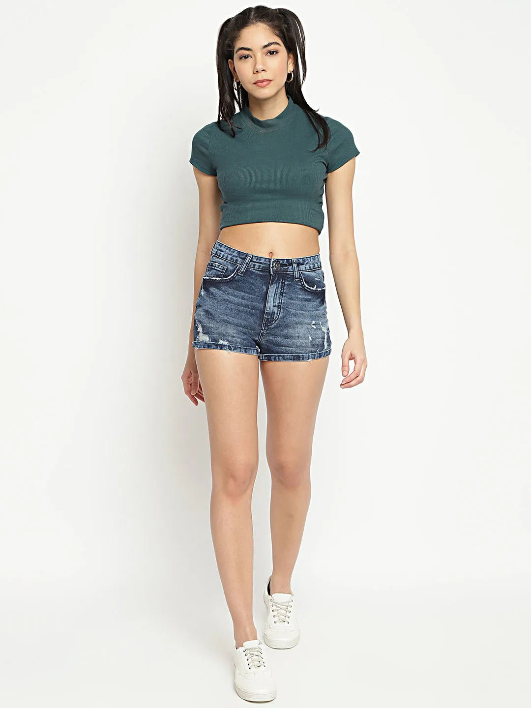 Distressed High Blue Denim Shorts