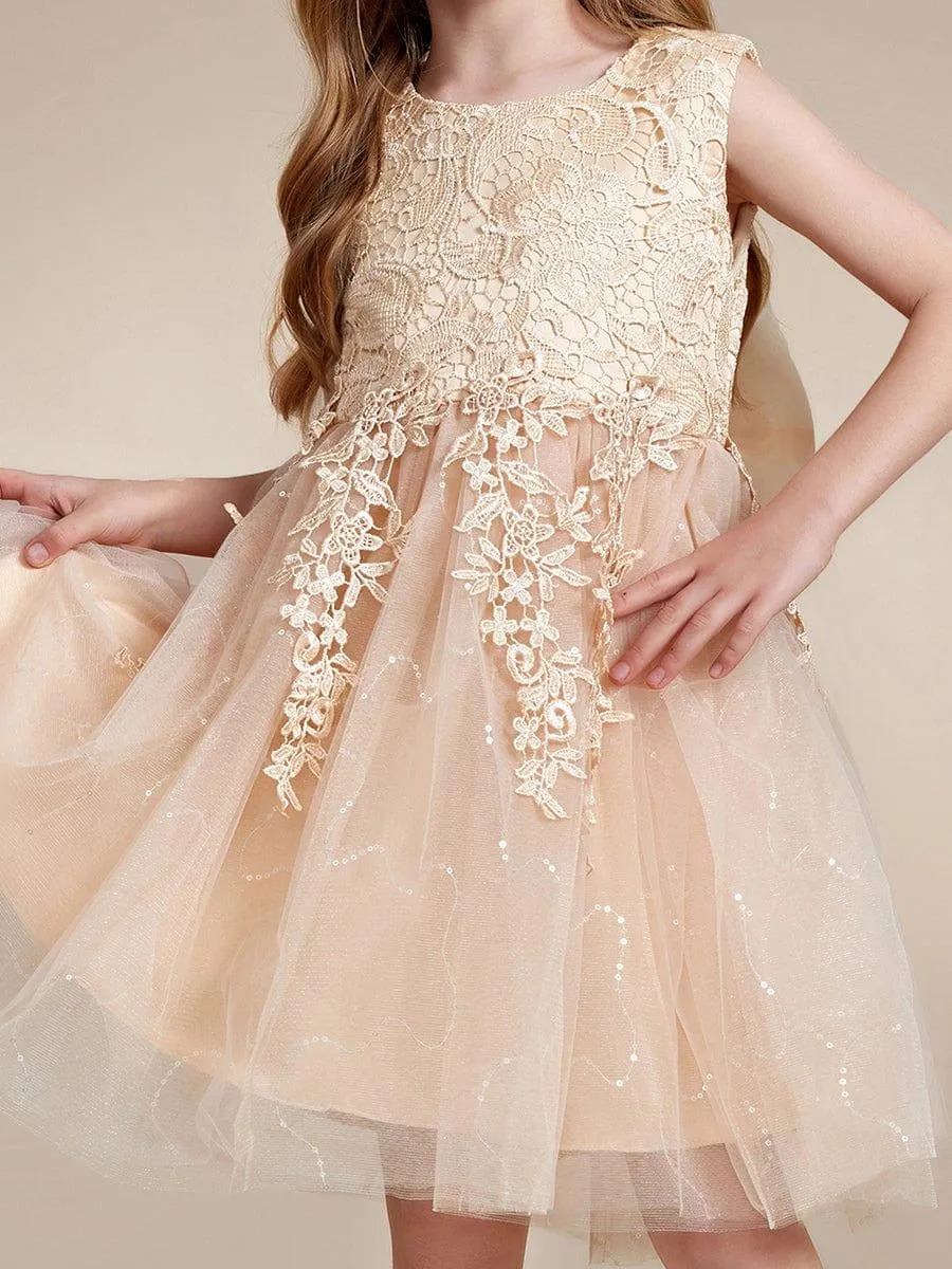 Elegant Lace Sleeveless Embroidered A-Line Flower Girl Dress with Bowknot