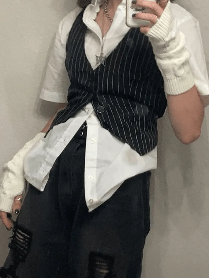 Joskaa V Neck Pinstriped Button Corset Top