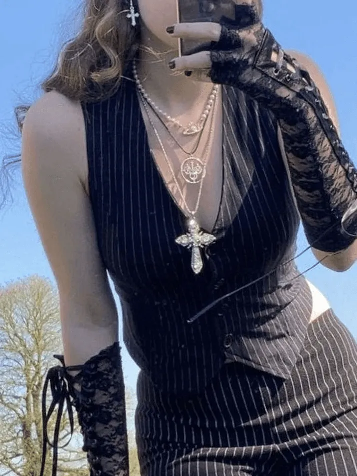Joskaa V Neck Pinstriped Button Corset Top