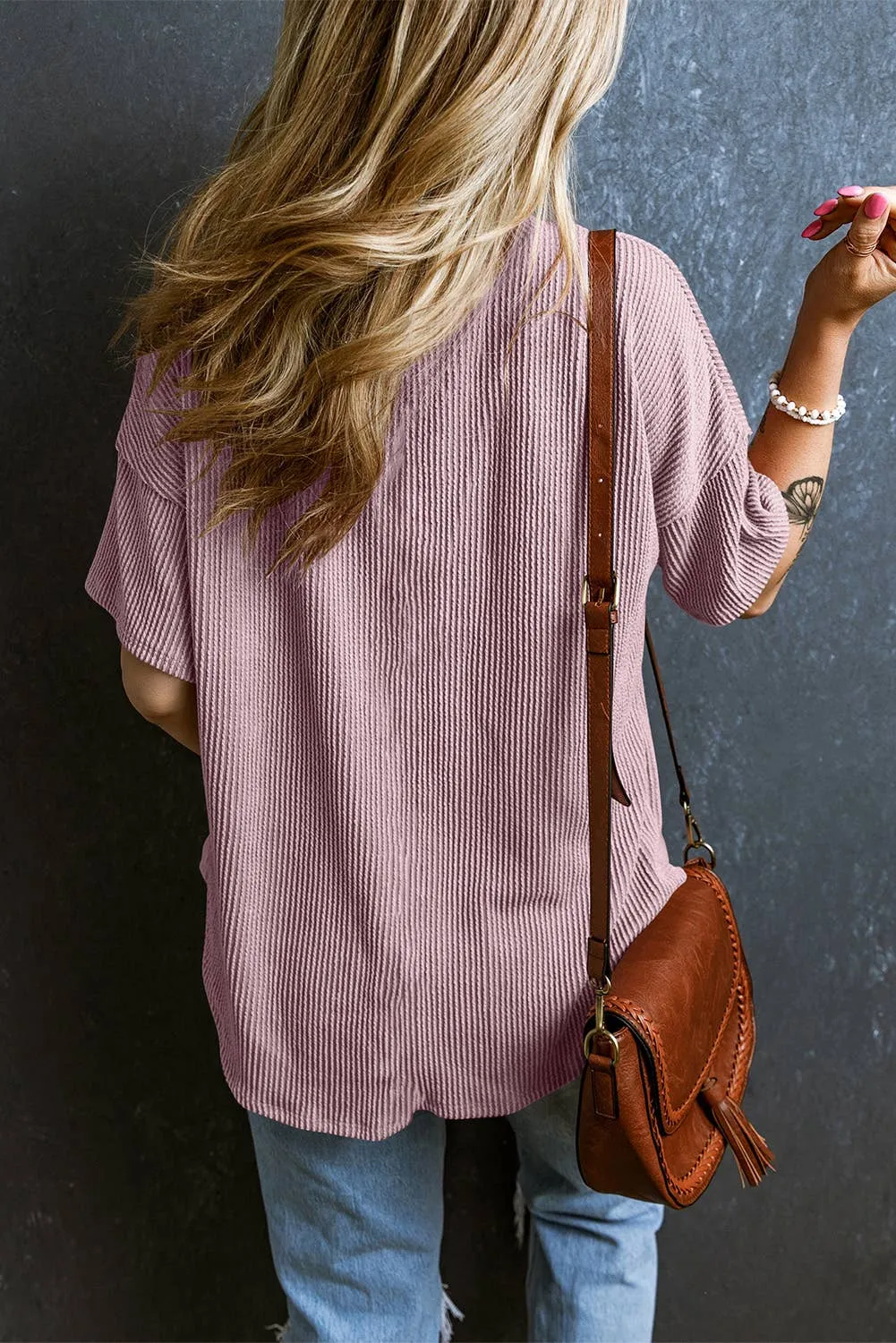 Kate - Corded V Neck Loose Top - Lt Pink