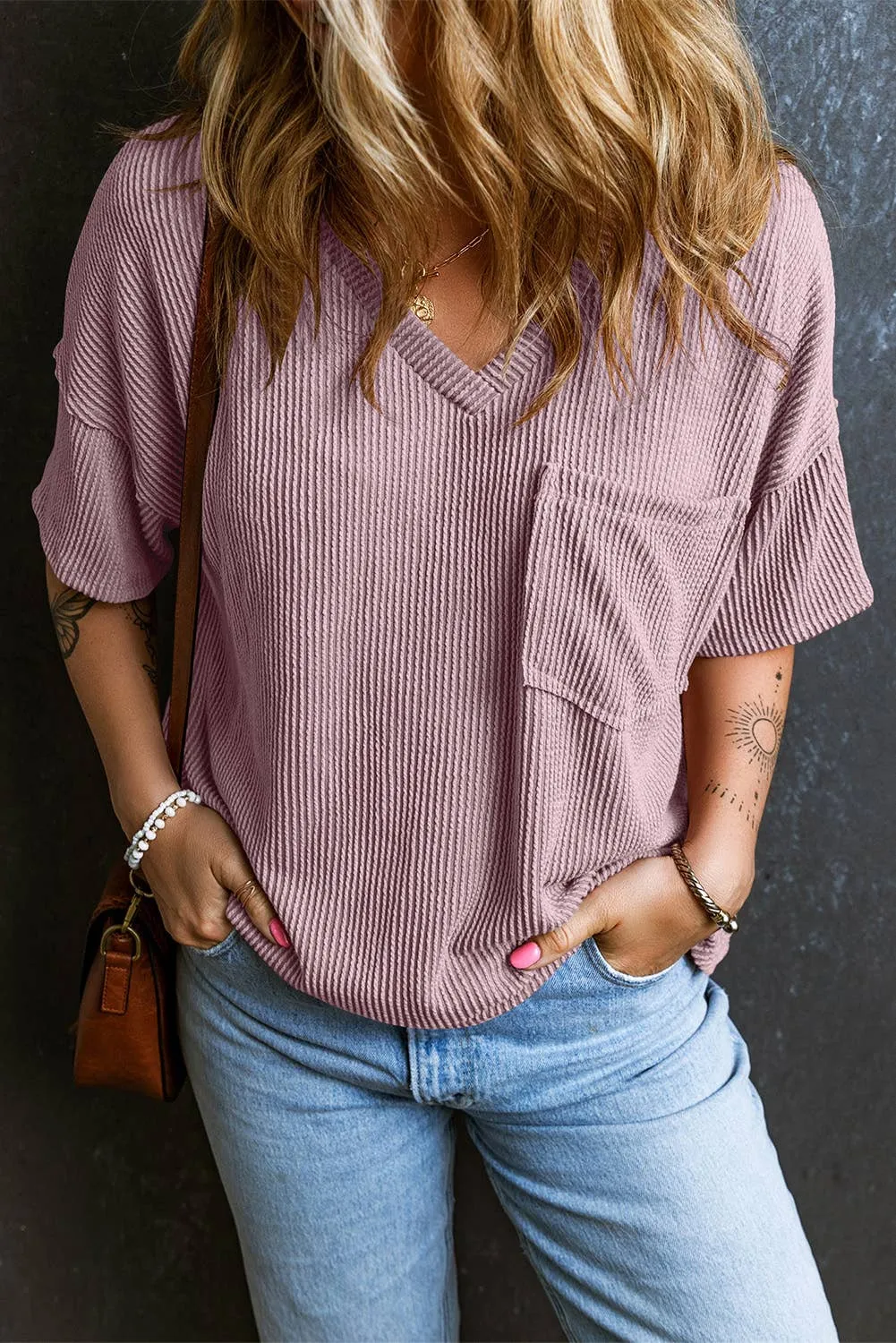 Kate - Corded V Neck Loose Top - Lt Pink