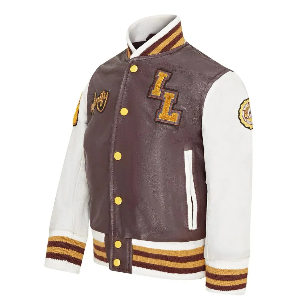 Kids Burgundy Leather Letterman Bomber Jacket