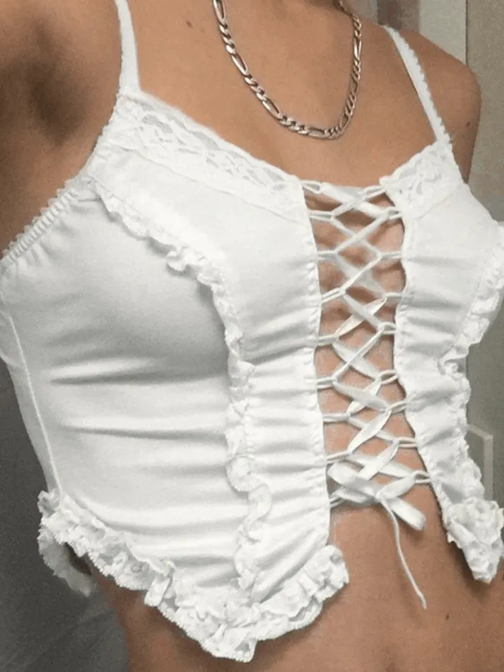 Lace Trim Tie Strap Crop Cami Top