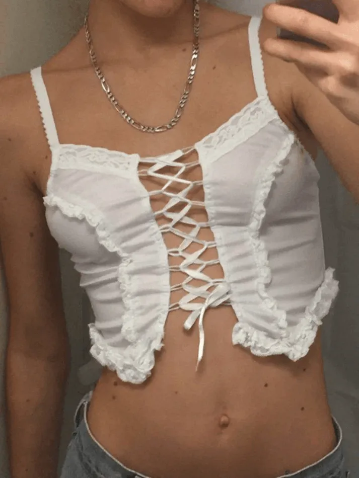 Lace Trim Tie Strap Crop Cami Top