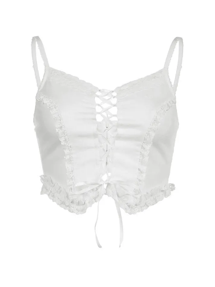 Lace Trim Tie Strap Crop Cami Top