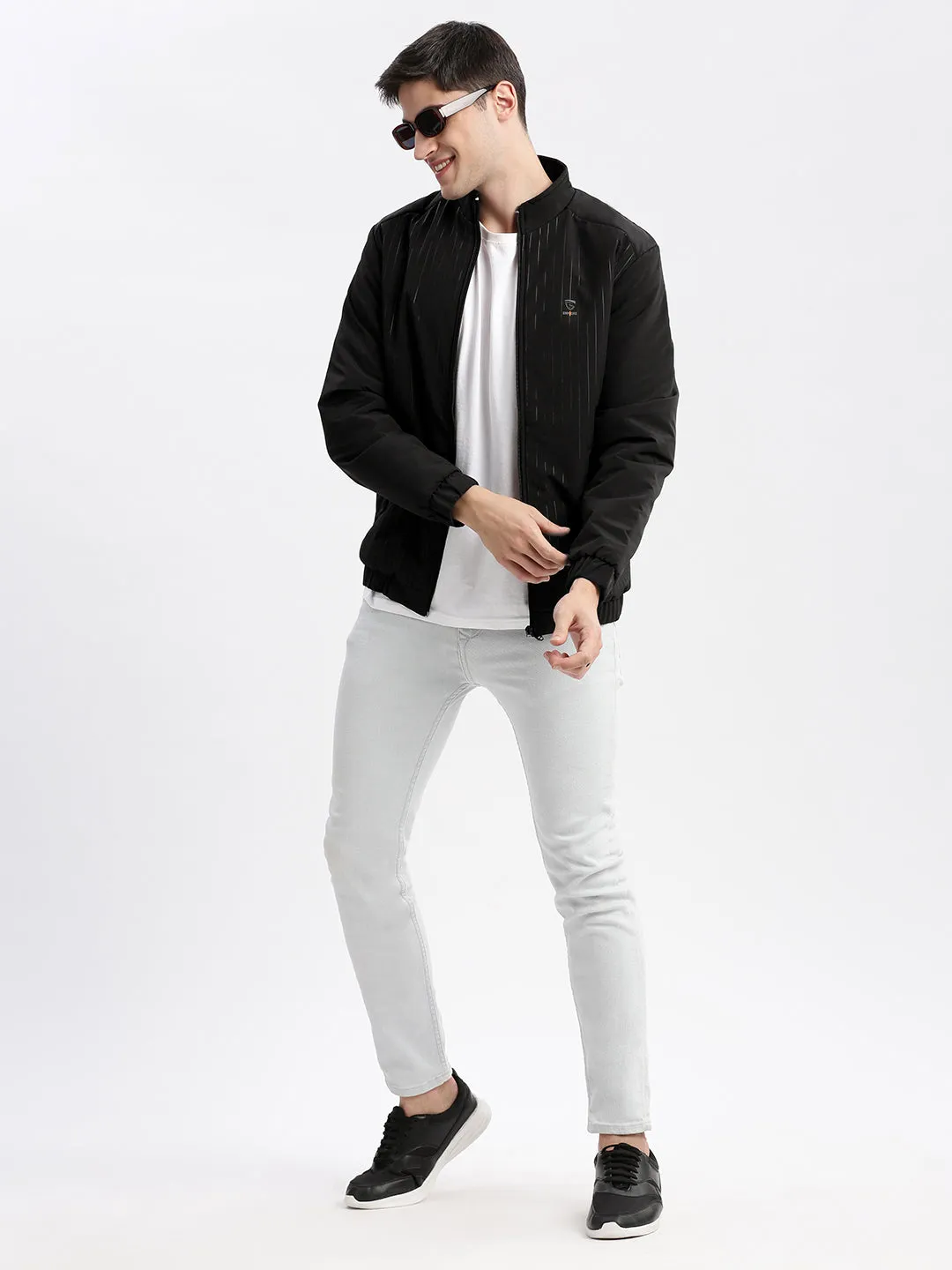 Men Solid Mock Collar Black Bomber Jacket