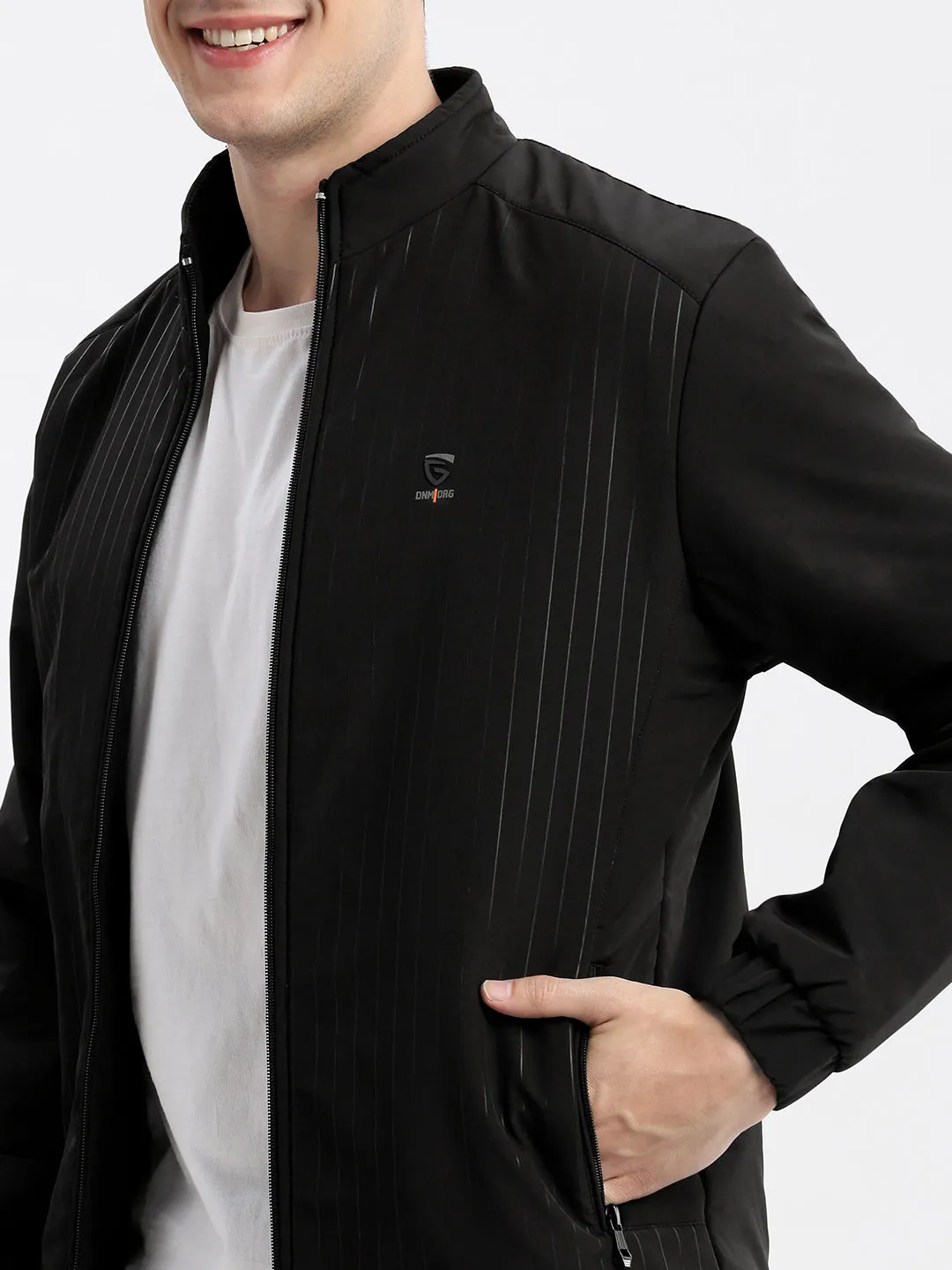 Men Solid Mock Collar Black Bomber Jacket
