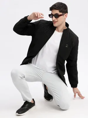 Men Solid Mock Collar Black Bomber Jacket