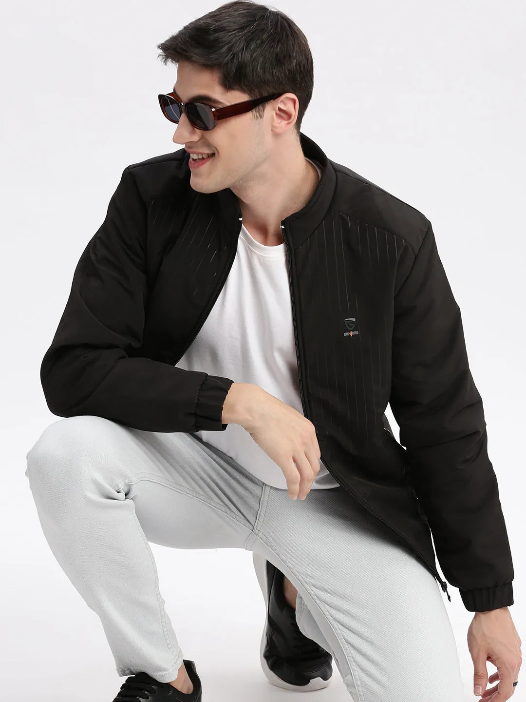 Men Solid Mock Collar Black Bomber Jacket