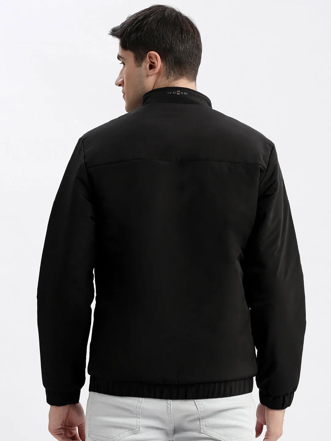 Men Solid Mock Collar Black Bomber Jacket