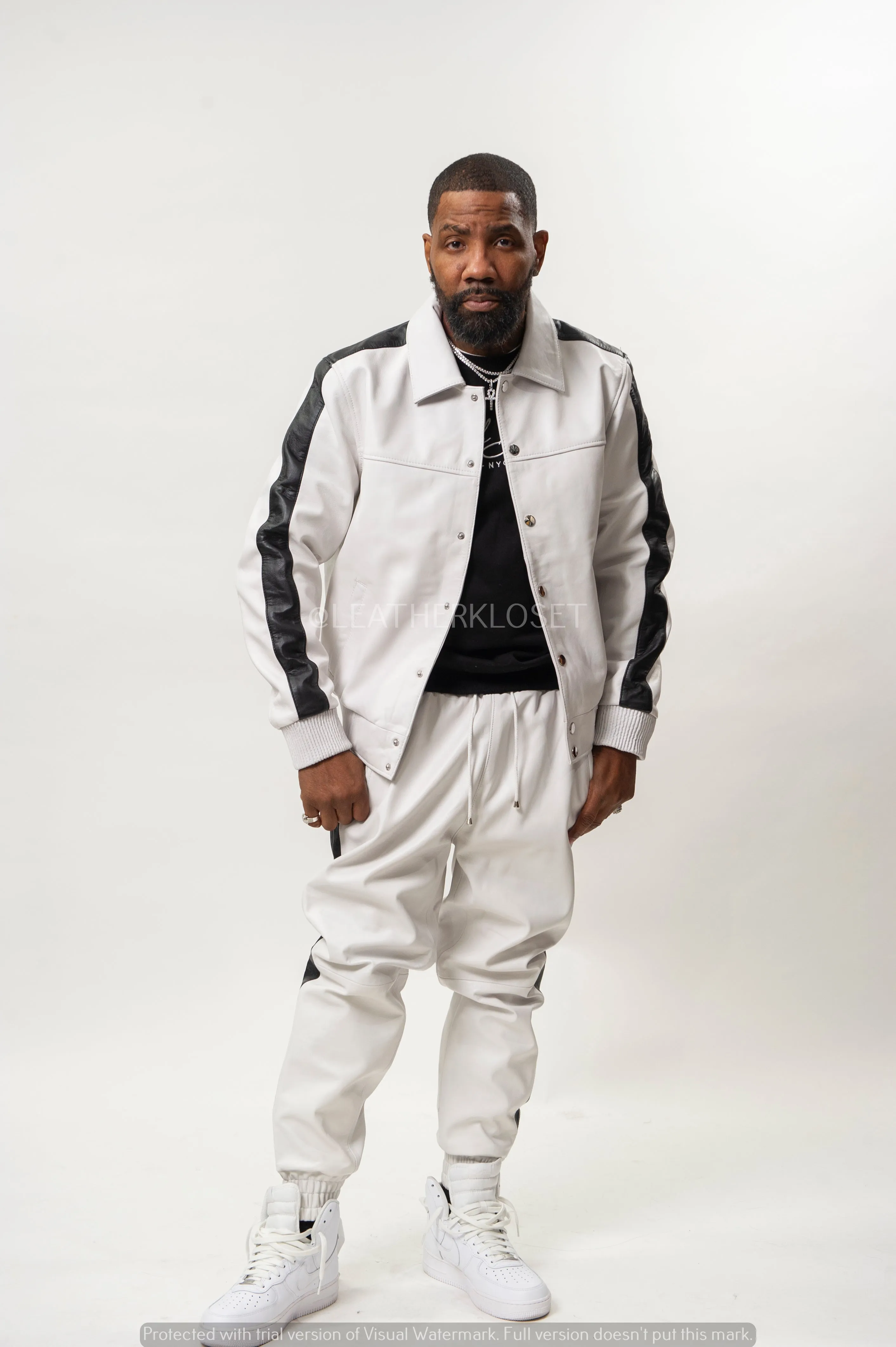 Men's Leather Track Suit Sweatsuit [White/Black]