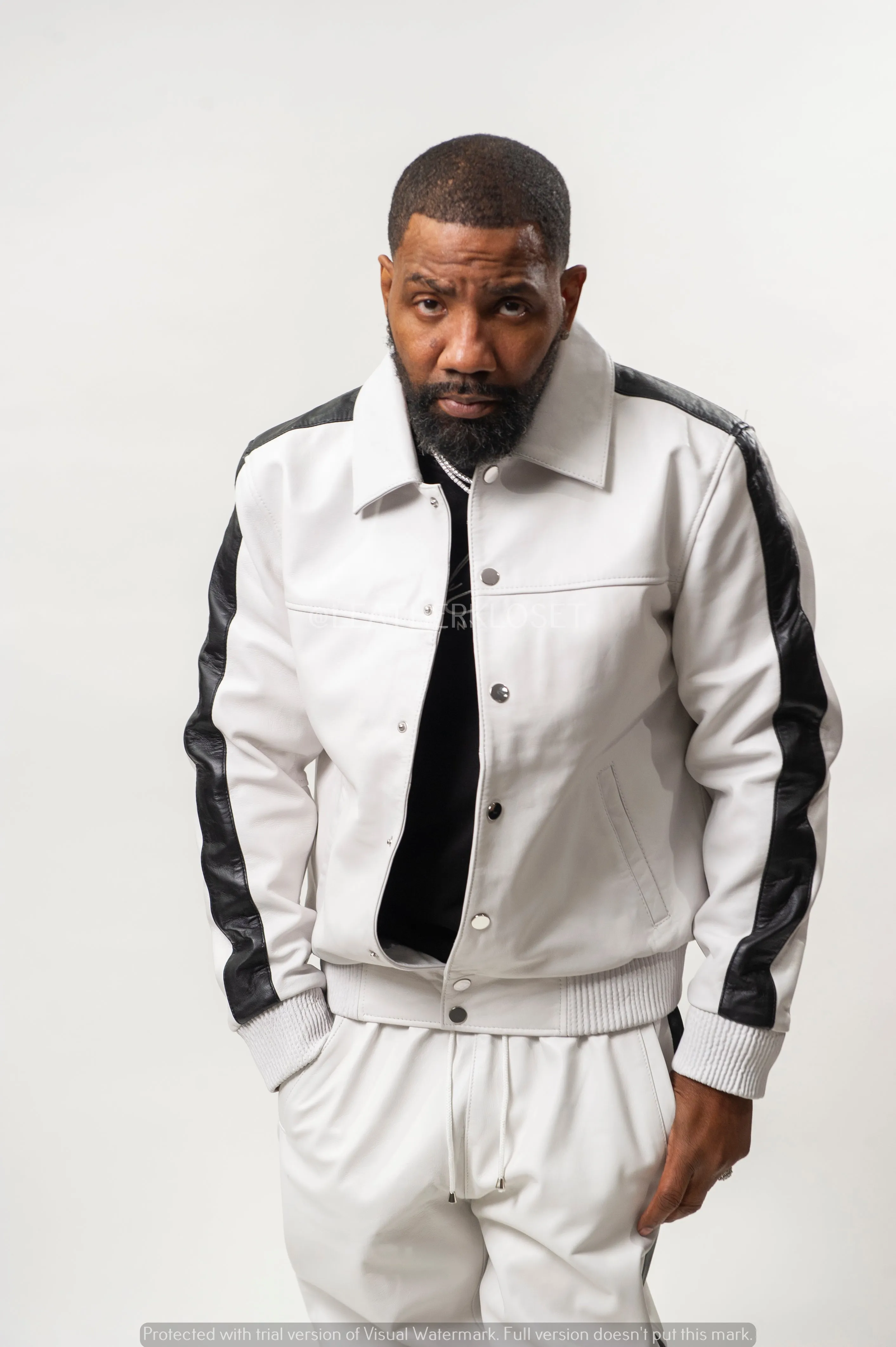 Men's Leather Track Suit Sweatsuit [White/Black]