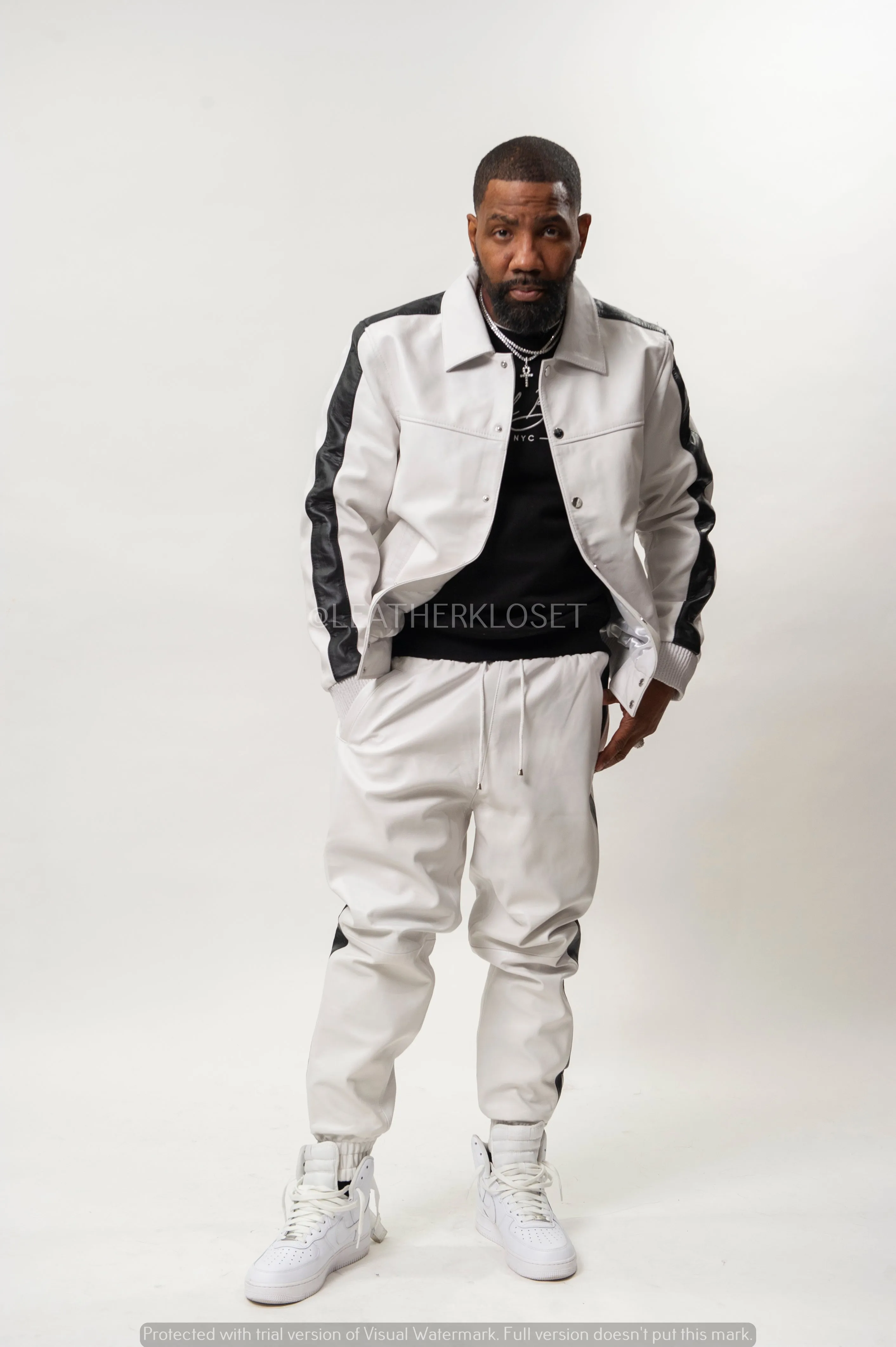 Men's Leather Track Suit Sweatsuit [White/Black]