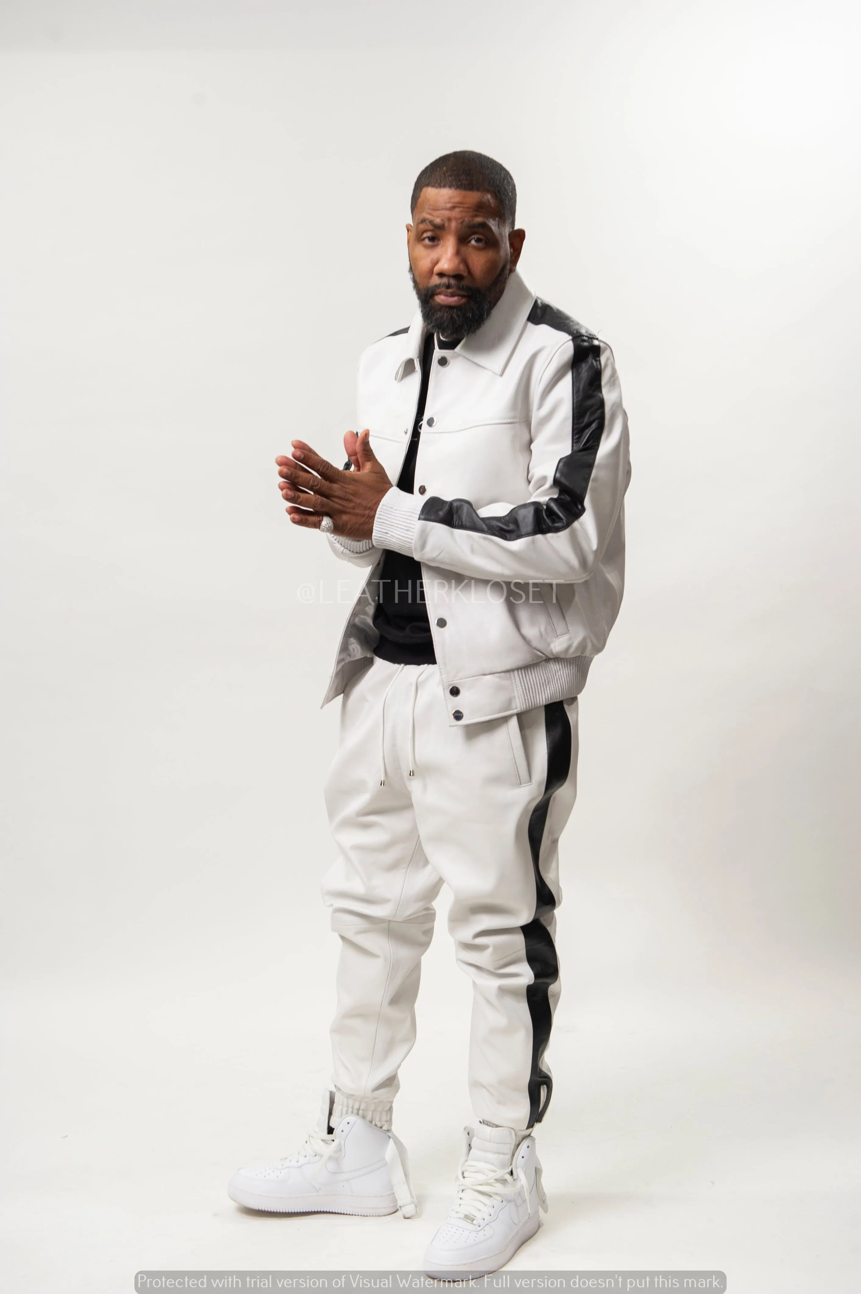 Men's Leather Track Suit Sweatsuit [White/Black]