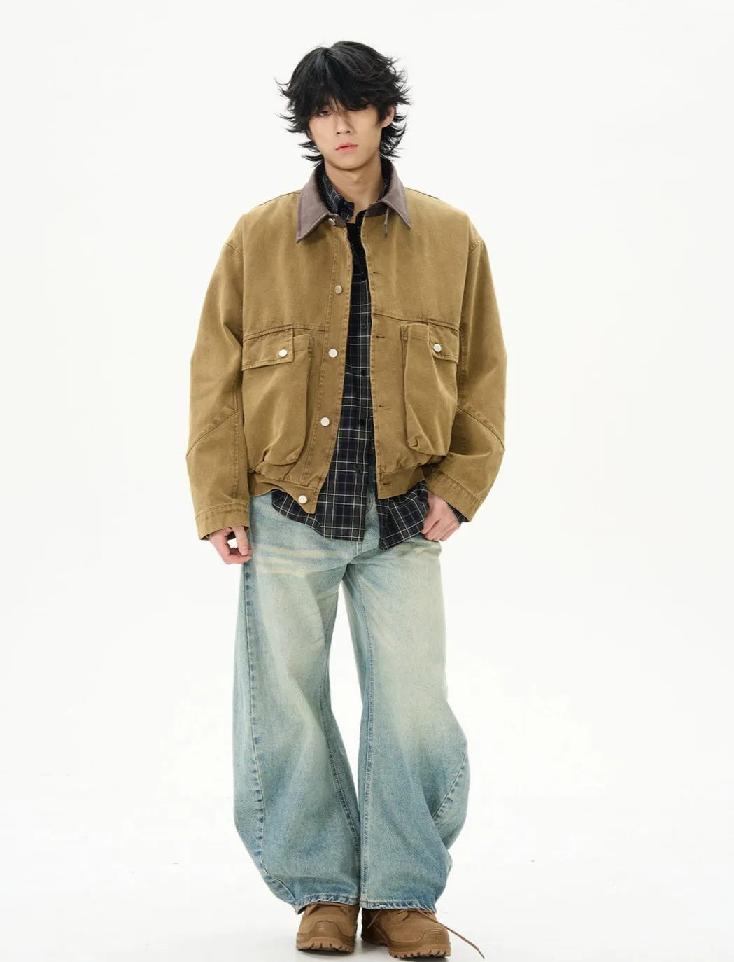Oversized Worker Button Jacket with Contrast Collar