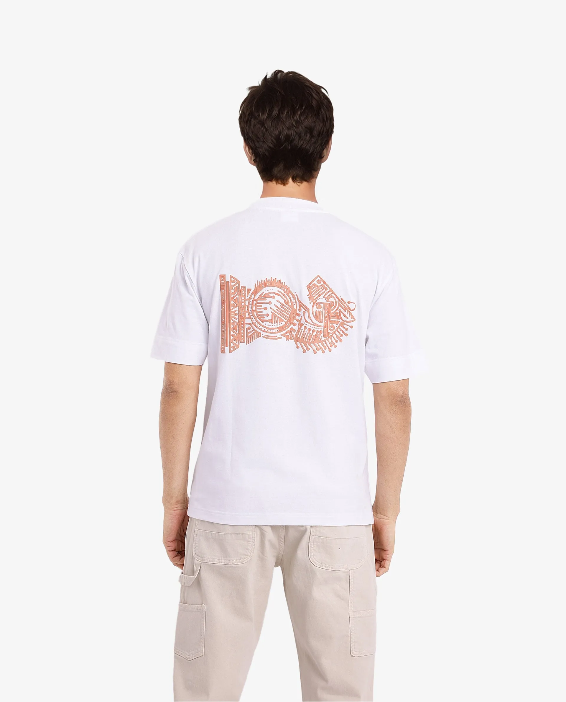 Rare Rabbit Men Ight White Cotton Fabric Short Sleeve Crew Neck Oversized Fit Graphic Back Print T-Shirt