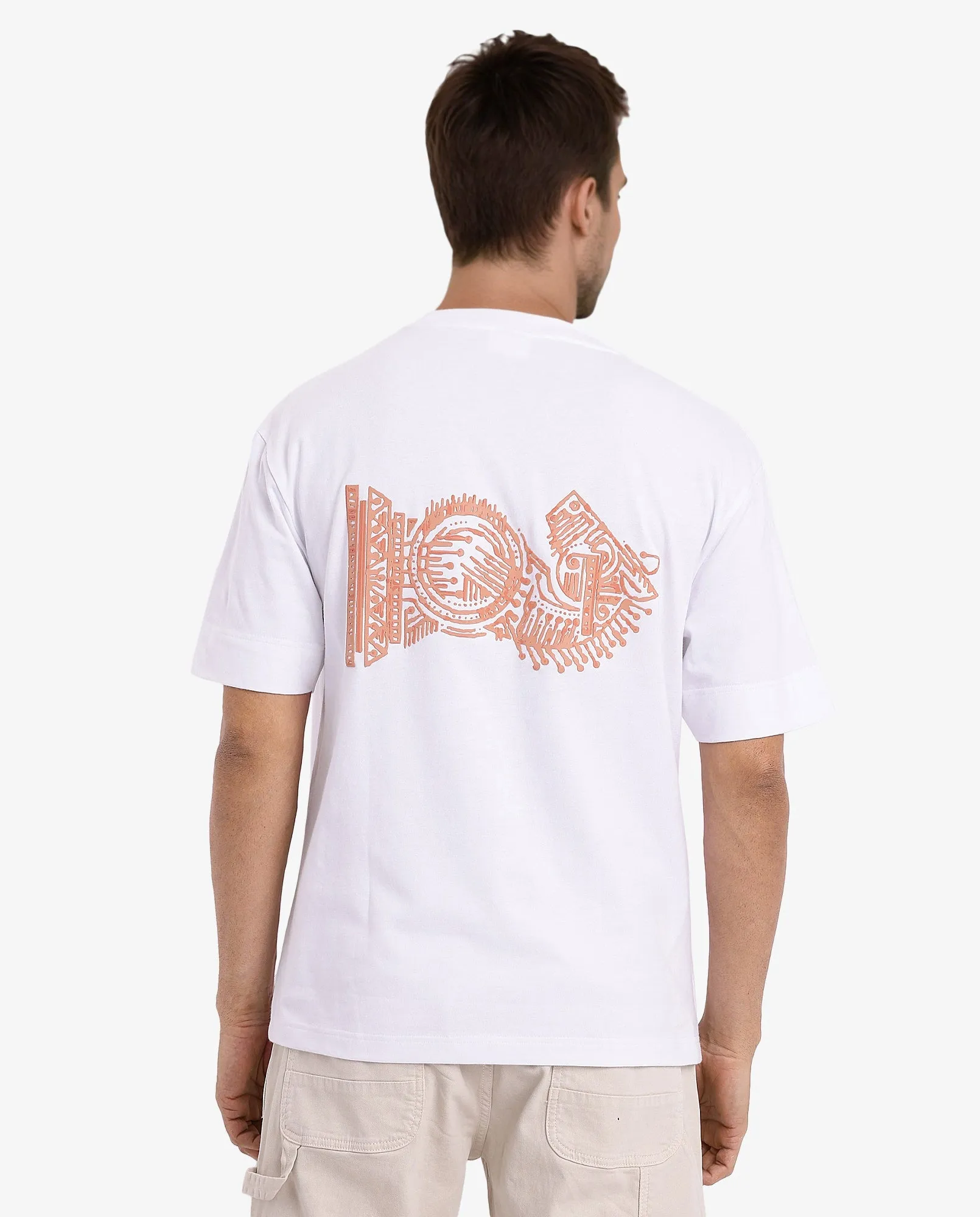 Rare Rabbit Men Ight White Cotton Fabric Short Sleeve Crew Neck Oversized Fit Graphic Back Print T-Shirt