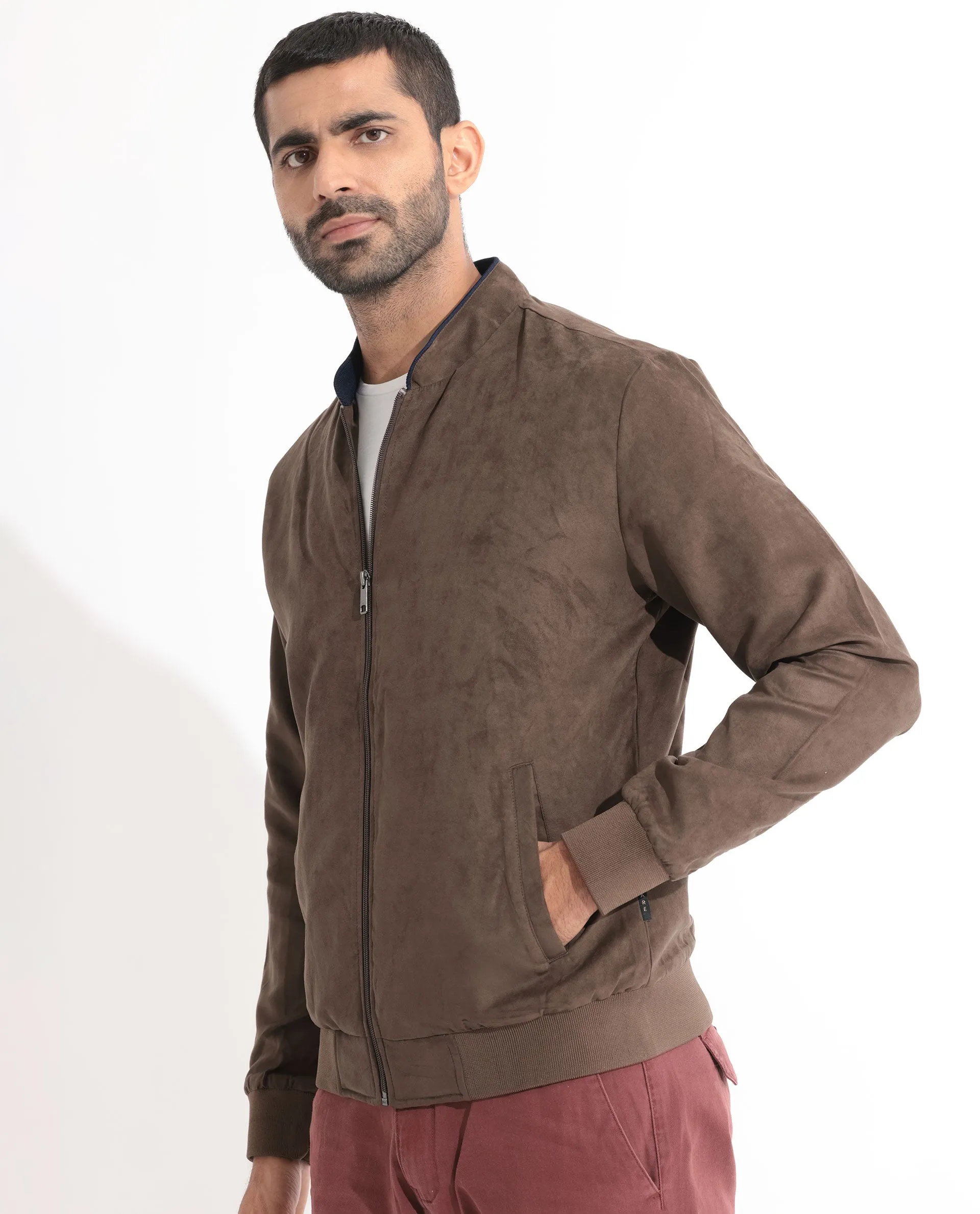 Rare Rabbit Men's Henron Dark Brown Plain Suede Bomber Jacket