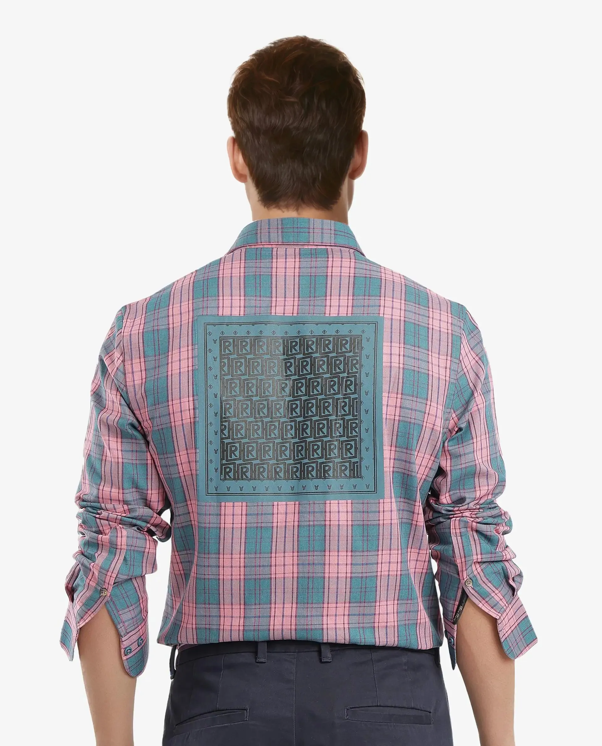 Rare Rabbit Men's Zamb Dark Turq Cotton Fabric Full Sleeve Oversized Fit Graphic Back Print Checks Shirt
