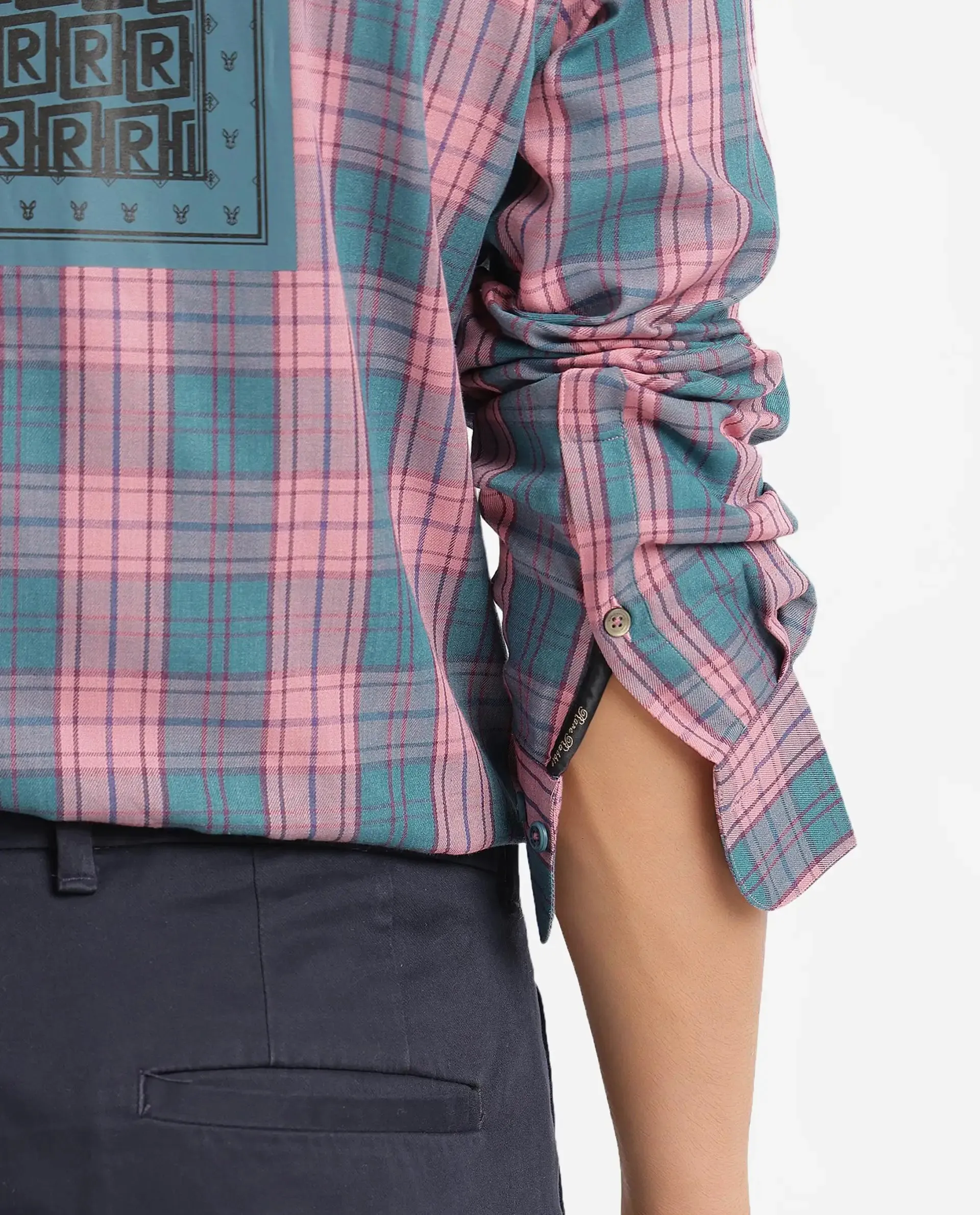 Rare Rabbit Men's Zamb Dark Turq Cotton Fabric Full Sleeve Oversized Fit Graphic Back Print Checks Shirt