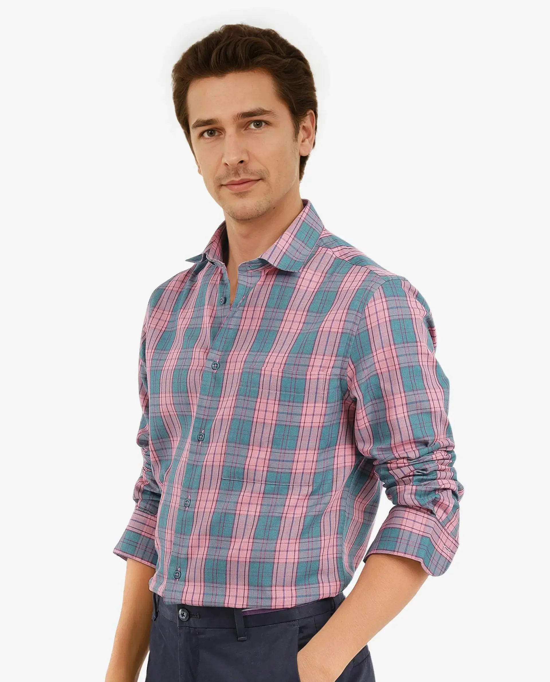Rare Rabbit Men's Zamb Dark Turq Cotton Fabric Full Sleeve Oversized Fit Graphic Back Print Checks Shirt