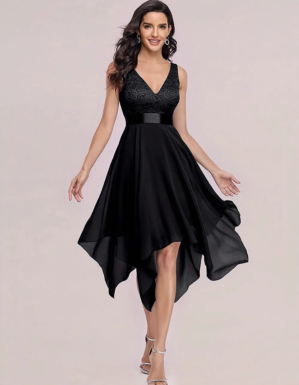 Solid-color V Neck Sleeveless Lace Chiffon Irregular Cocktail A-Line Dresses