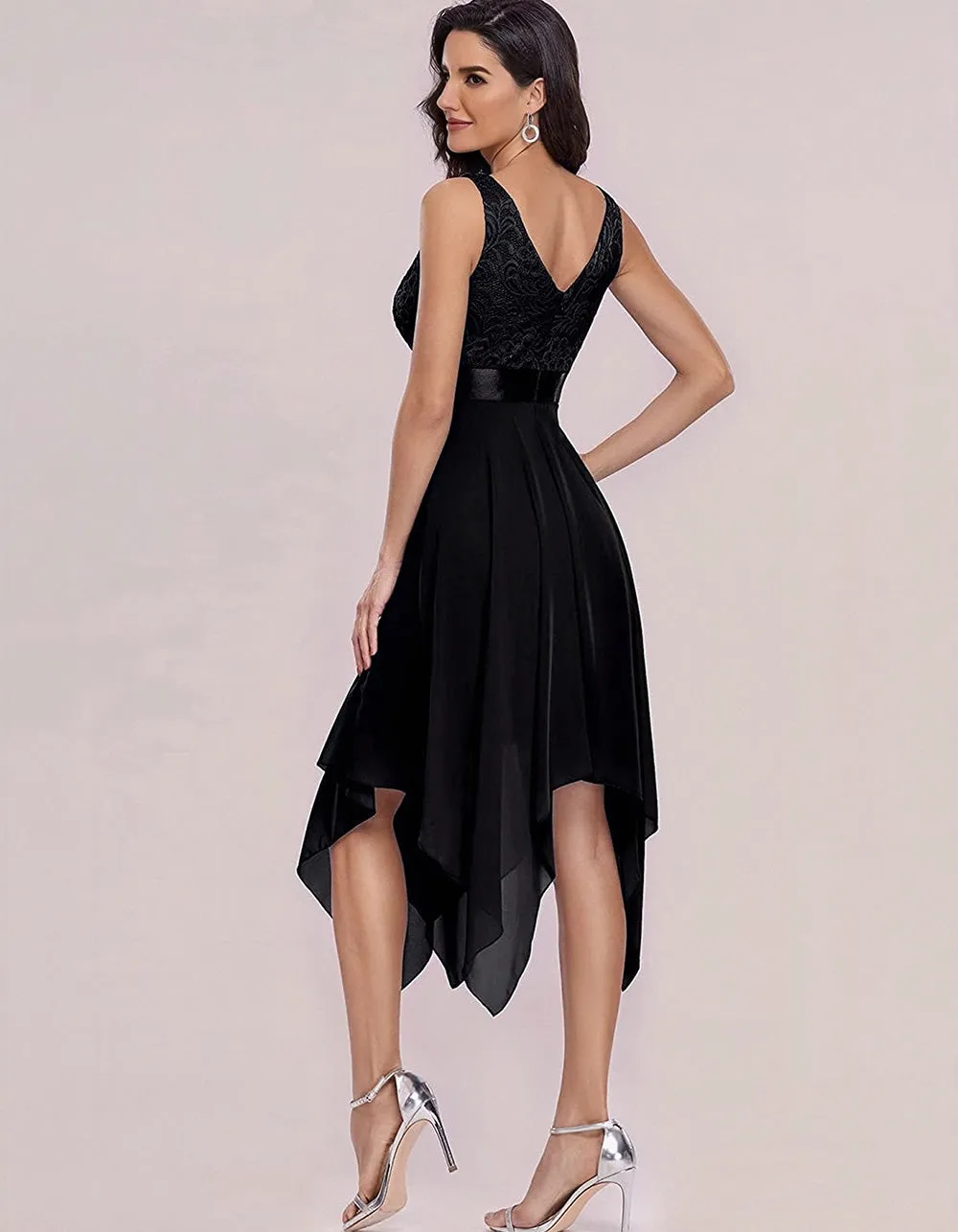 Solid-color V Neck Sleeveless Lace Chiffon Irregular Cocktail A-Line Dresses