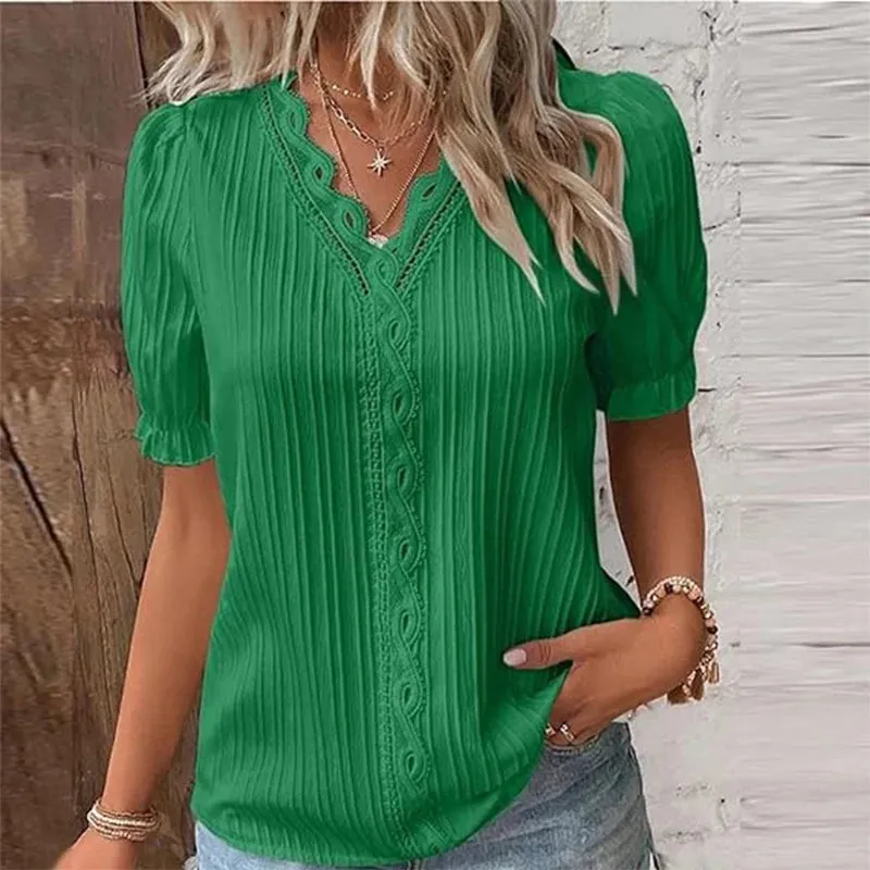 Summer V Neck Lace Stitching Women Shirts Hollow Sleeve Blouse