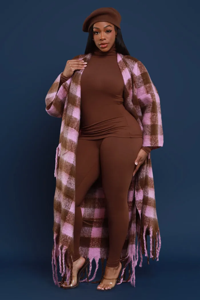 Warm Up To You Fringe Maxi Cardigan Sweater - Pink/Brown Checkered