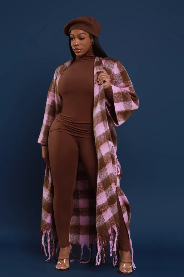 Warm Up To You Fringe Maxi Cardigan Sweater - Pink/Brown Checkered