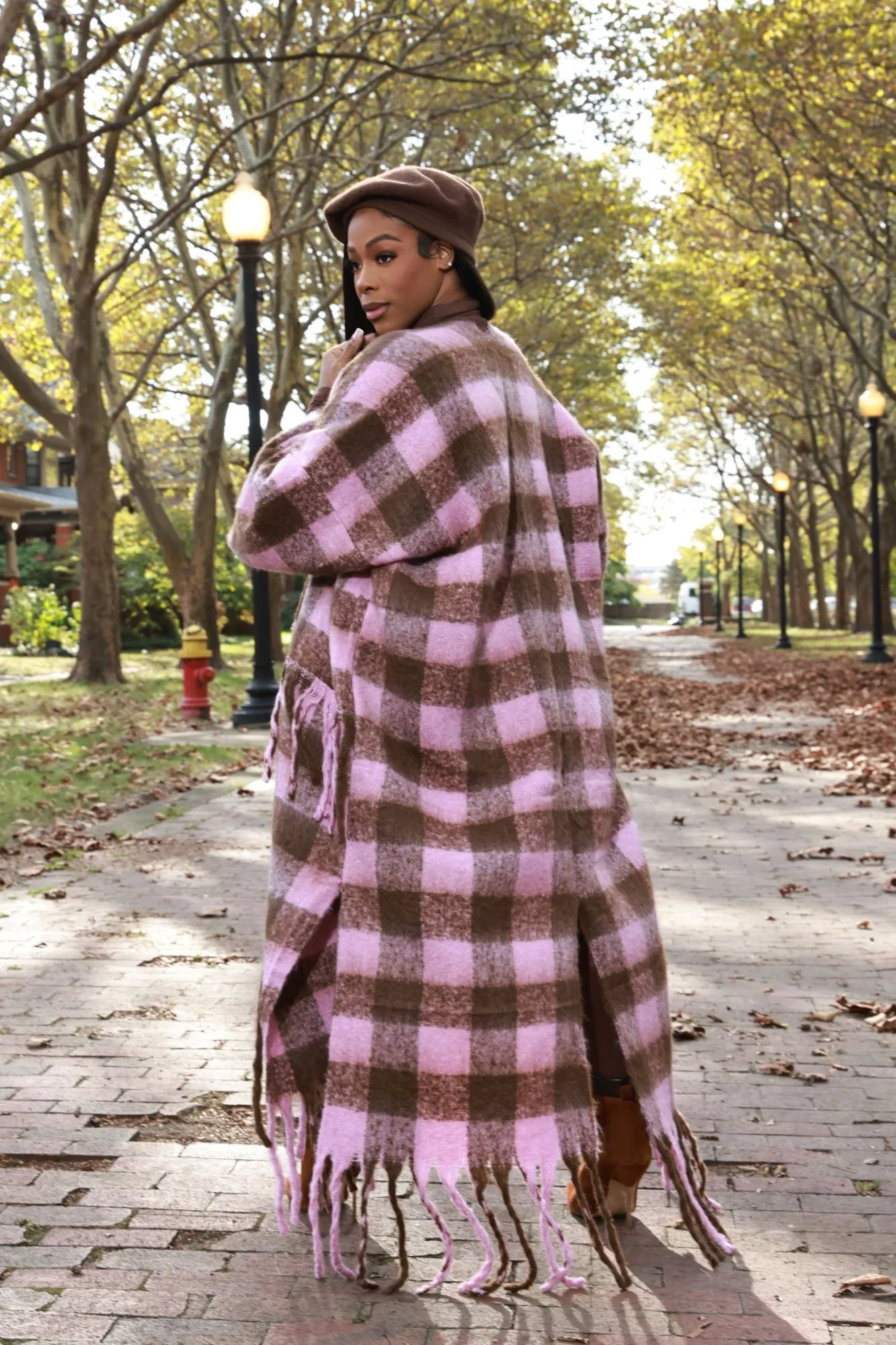 Warm Up To You Fringe Maxi Cardigan Sweater - Pink/Brown Checkered