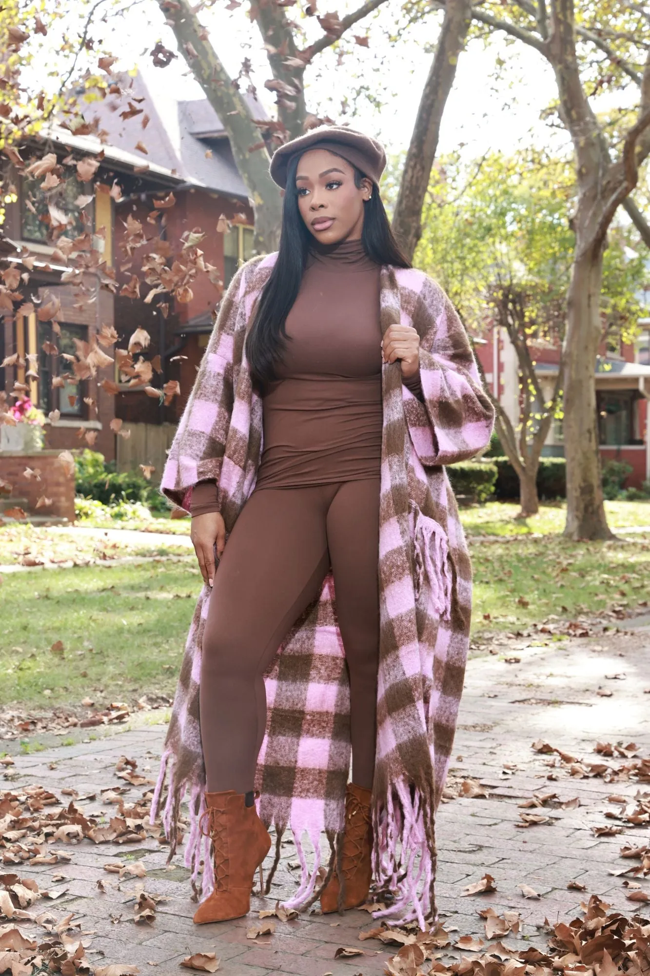 Warm Up To You Fringe Maxi Cardigan Sweater - Pink/Brown Checkered